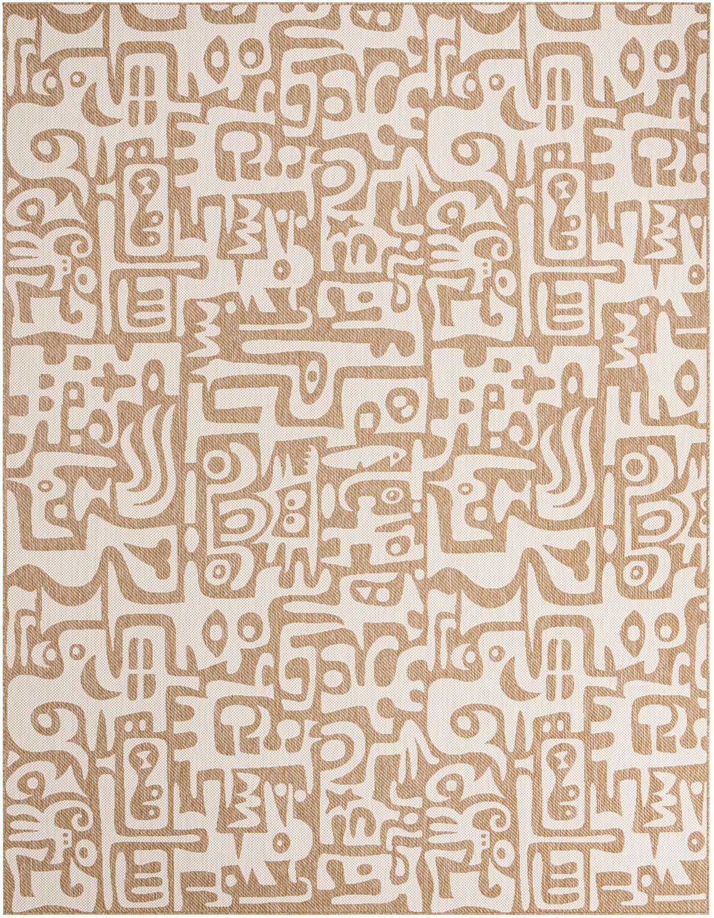 A 10x14 rectangular indoor/outdoor rug featuring a modern abstract pattern in brown and ivory tones.