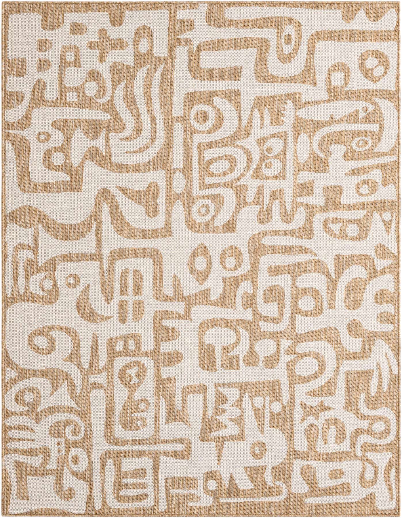 A 5x8 rectangular indoor/outdoor rug featuring a modern abstract pattern in brown and ivory tones.