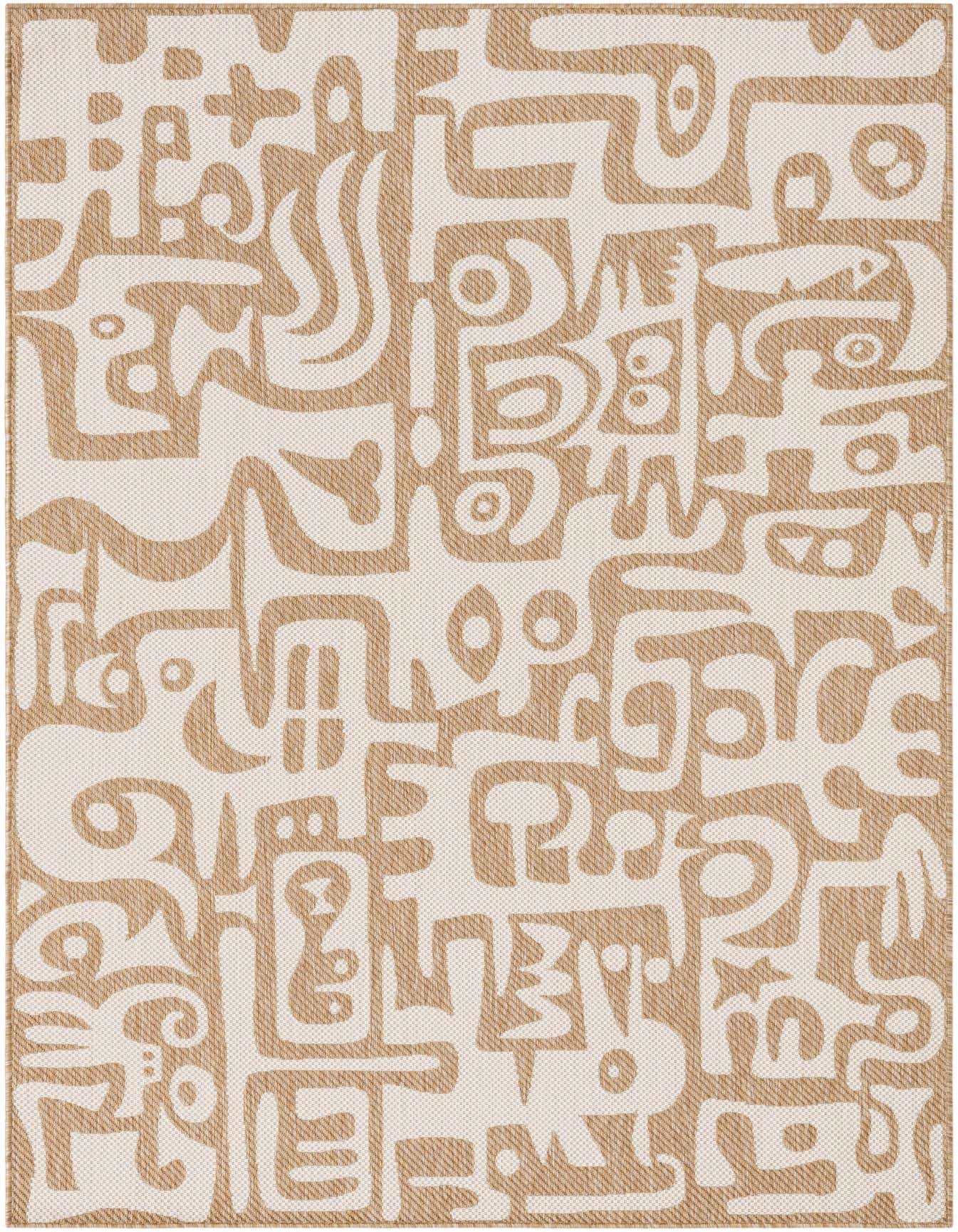 A 6x9 rectangular indoor/outdoor rug featuring an abstract pattern in brown and ivory tones, suitable for a patio or living room.
