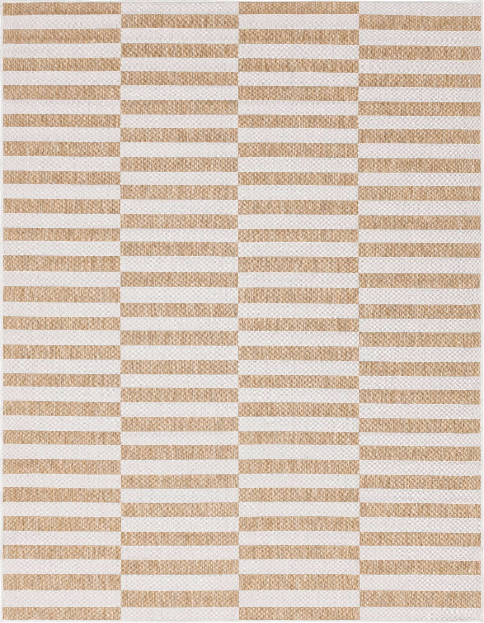 A rectangular 8x11 brown and ivory flatweave rug featuring a modern Scandinavian stripe pattern, suitable for indoor or outdoor use.