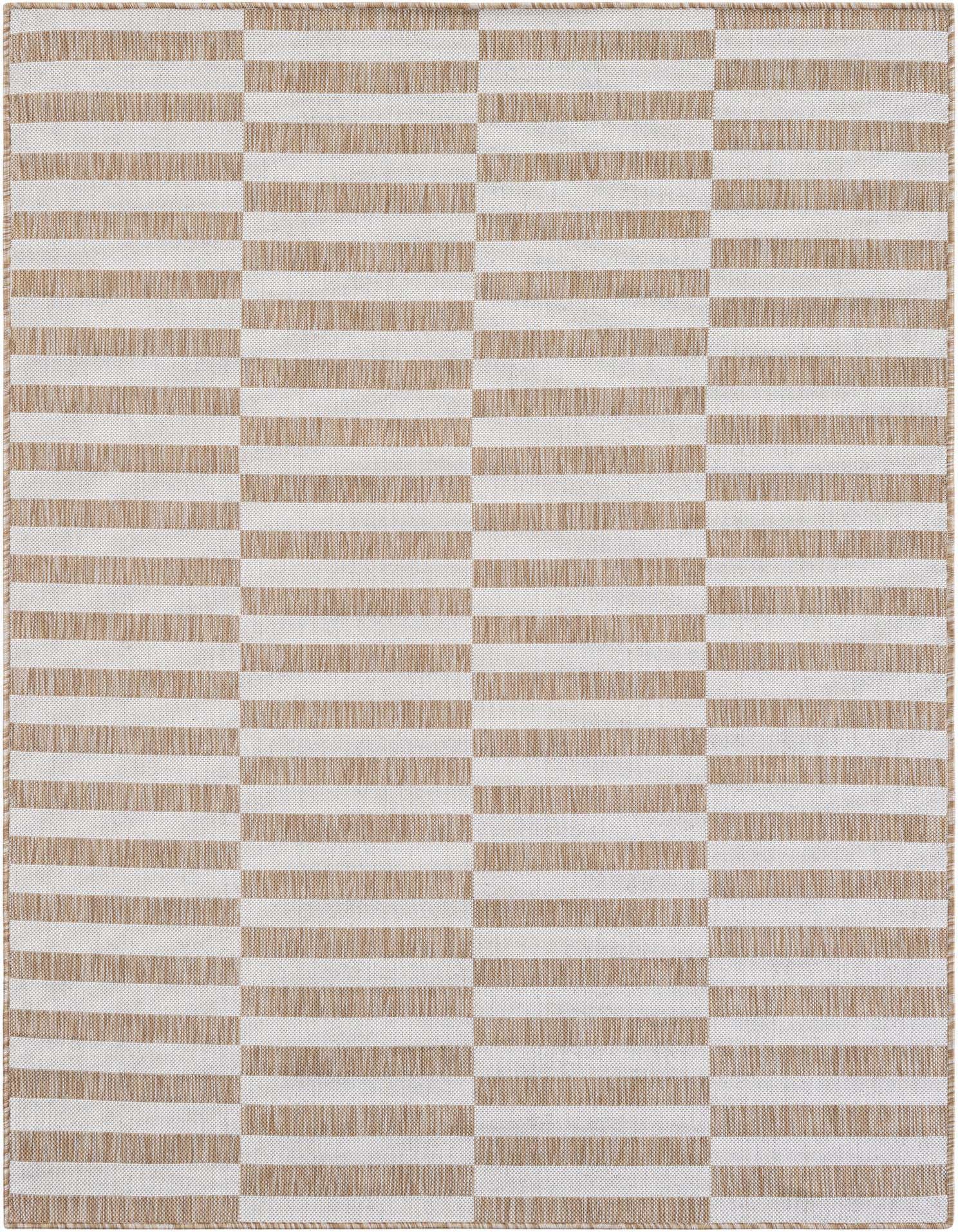 A 5x7 rectangular Rugs.com Outdoor Ribbon rug featuring a modern stripe pattern in brown and ivory tones.