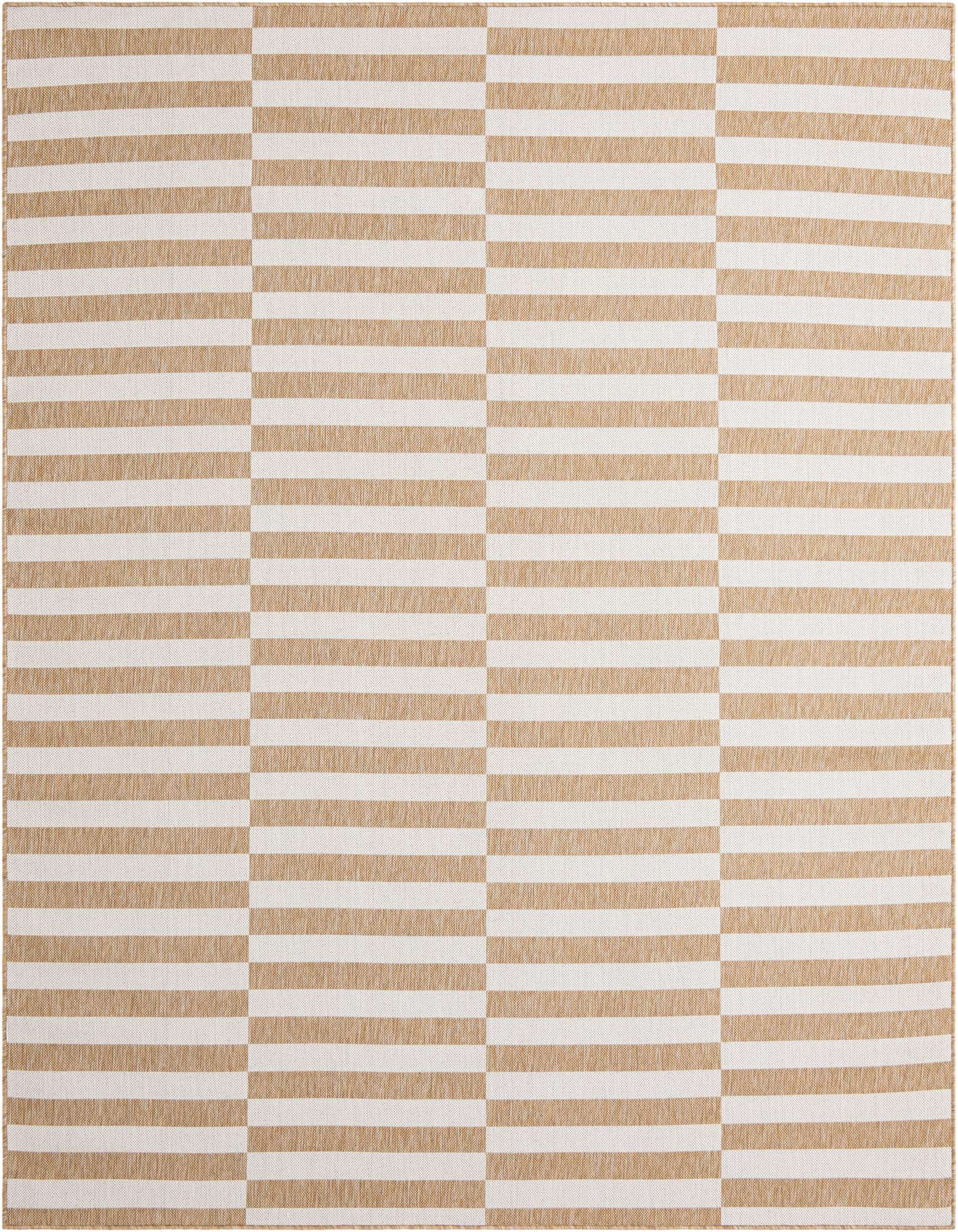 An 8x10 rectangular indoor/outdoor rug featuring a modern stripe pattern in alternating brown and ivory blocks.