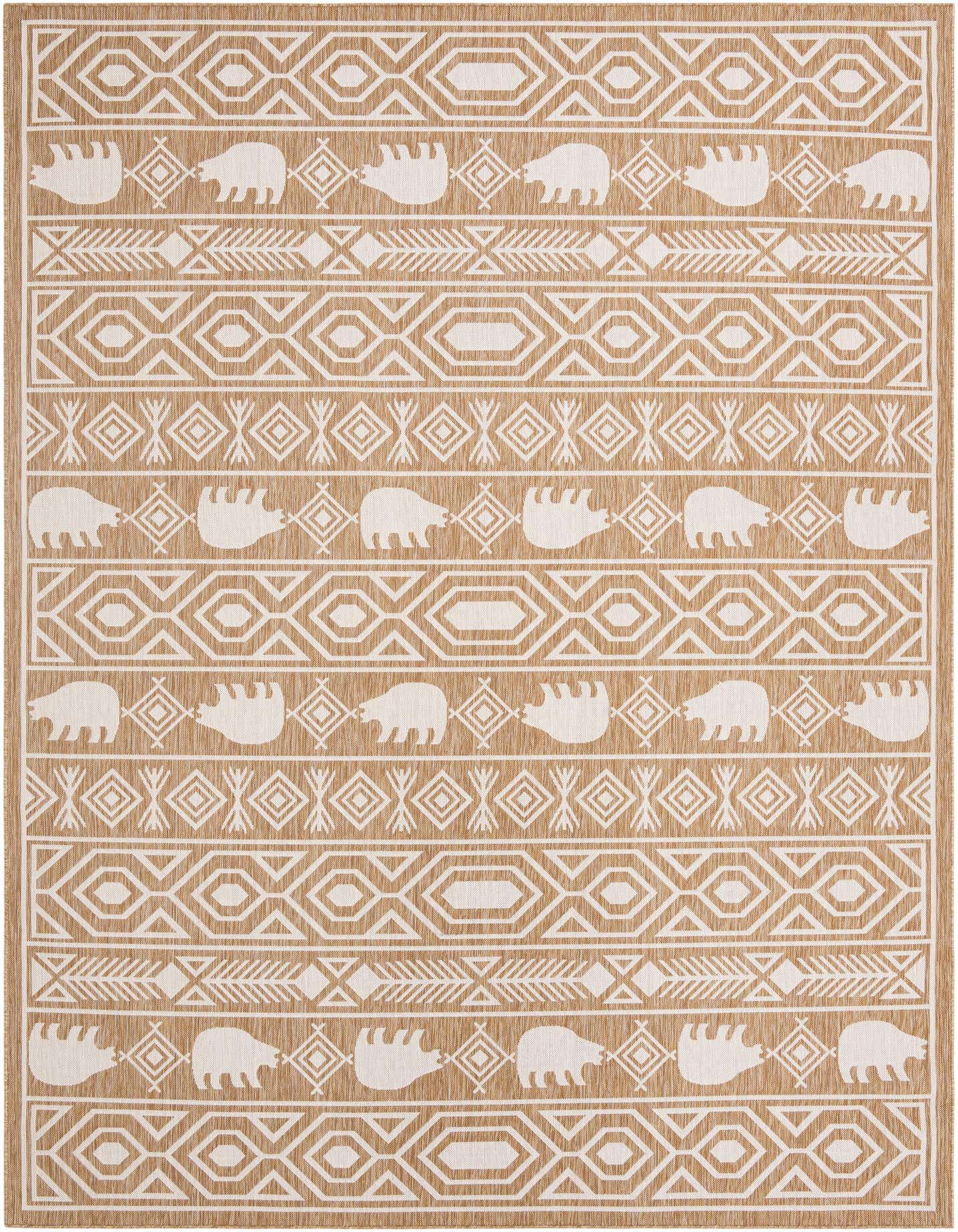 A 10x14 rectangular indoor/outdoor rug with a Southwestern tribal pattern in tan and ivory, featuring bear silhouettes and geometric designs.