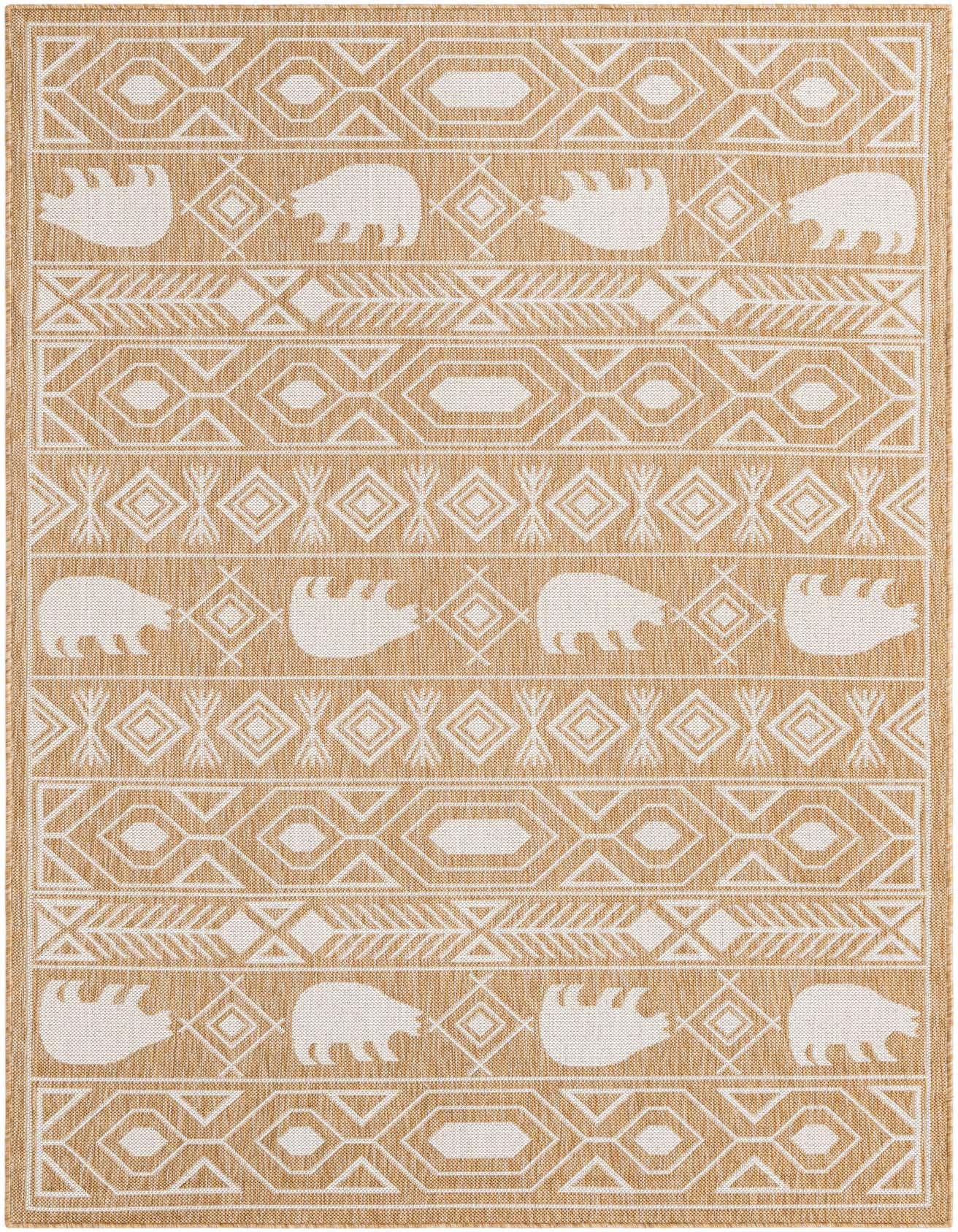 A 5x8 rectangular indoor/outdoor rug featuring a Southwestern tribal pattern with brown and ivory bear silhouettes and geometric designs.