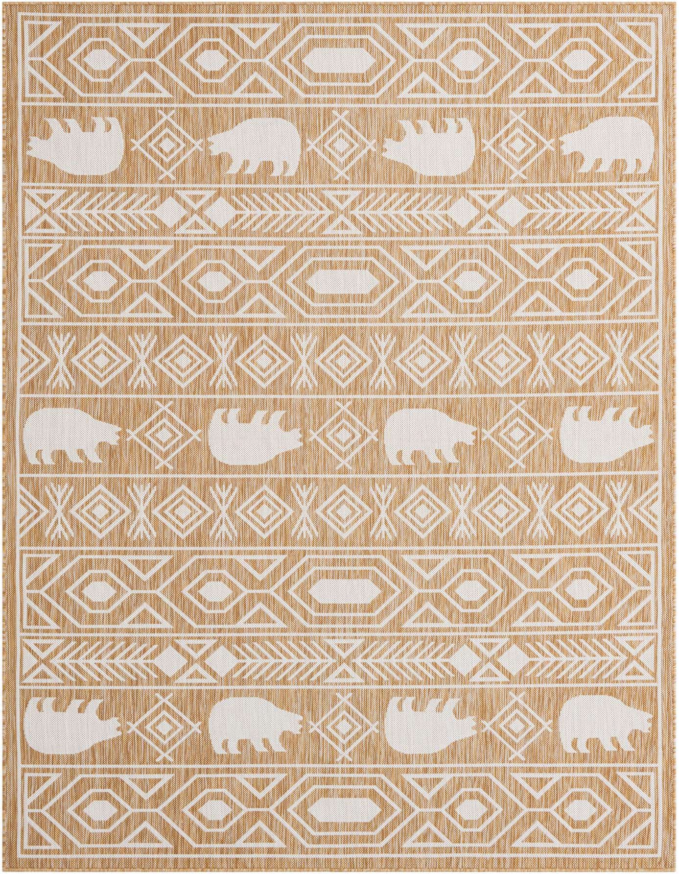 A 6x9 rectangular indoor/outdoor rug with a Southwestern tribal pattern in brown and ivory, featuring bear silhouettes and geometric shapes.