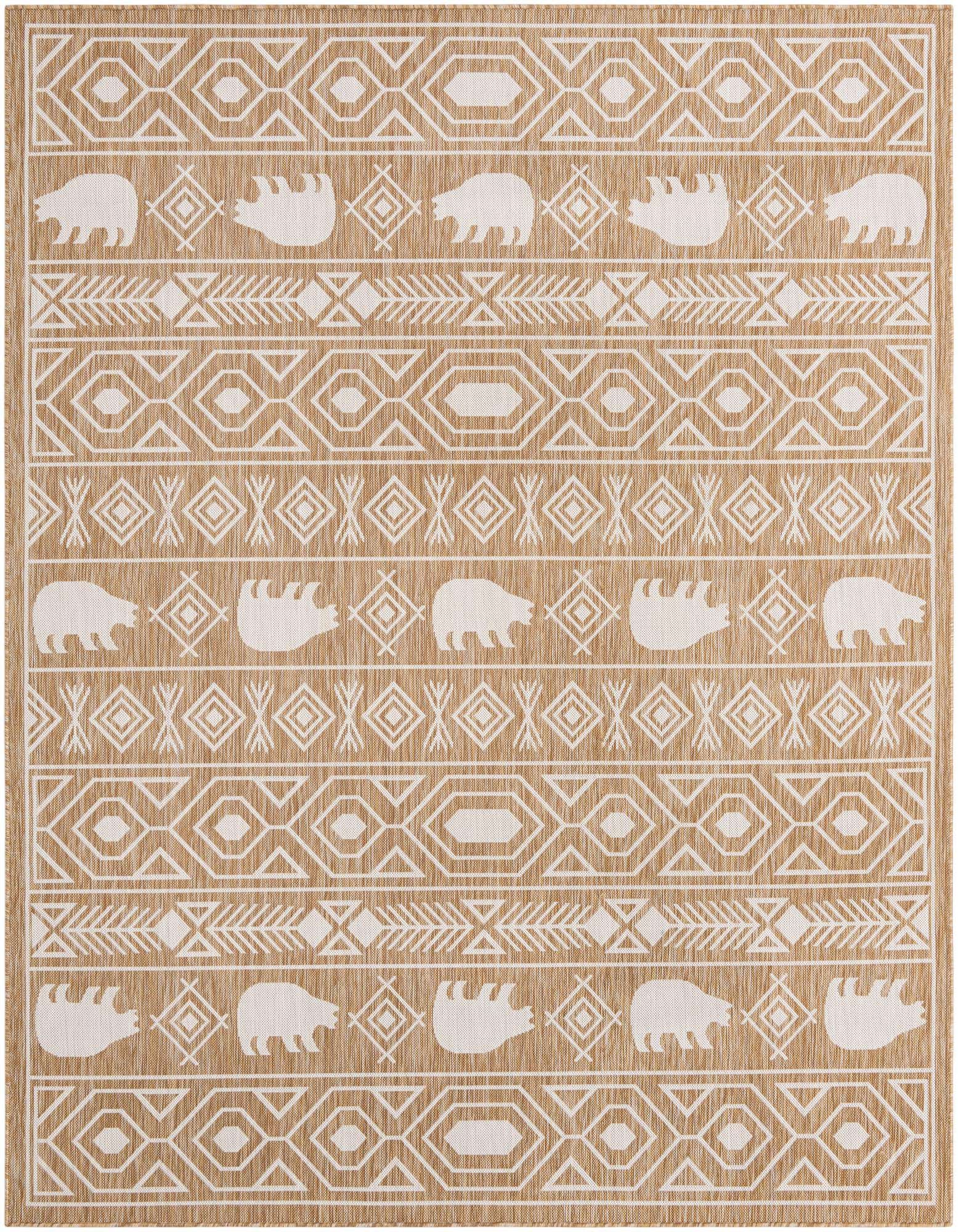 An 8x10 rectangular brown and ivory Southwestern rug with tribal patterns and bear silhouettes.