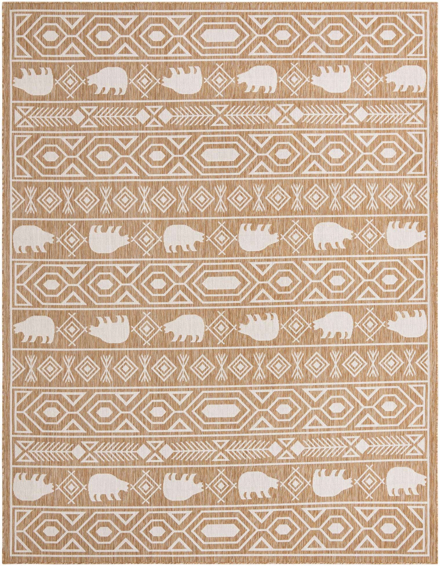 A 9x12 rectangular indoor/outdoor rug featuring a tribal Southwestern pattern with bear silhouettes and geometric designs in brown and ivory.