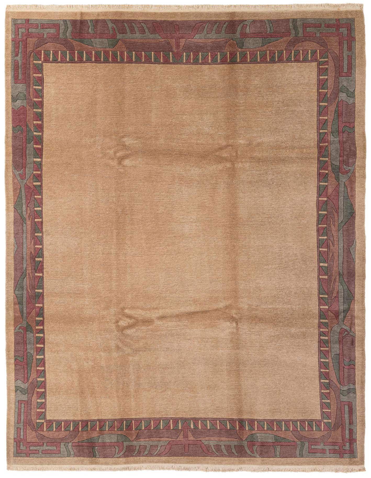 An 8x11 rectangular brown wool rug with a modern abstract border in muted reds, greens, and tans.