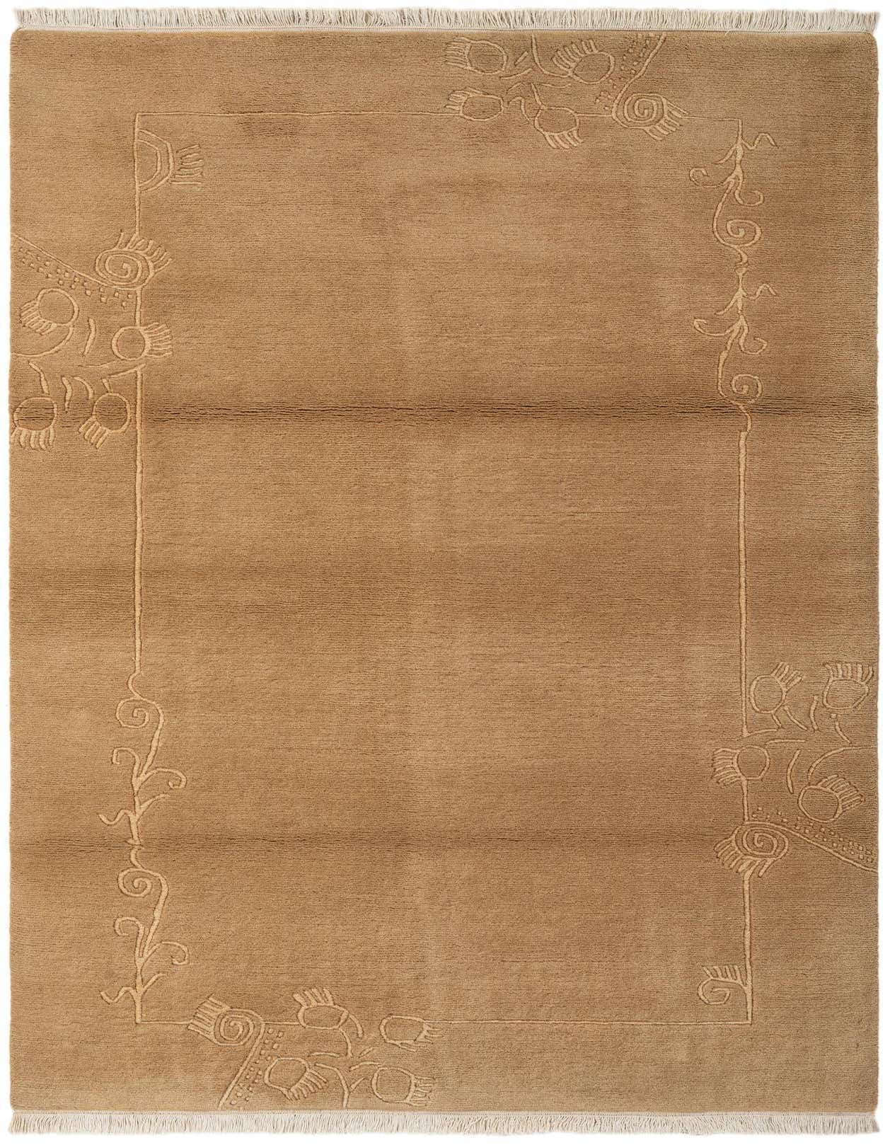 A 4x6 rectangular brown wool rug with a subtle raised ivory abstract floral and vine border, featuring short white fringe.
