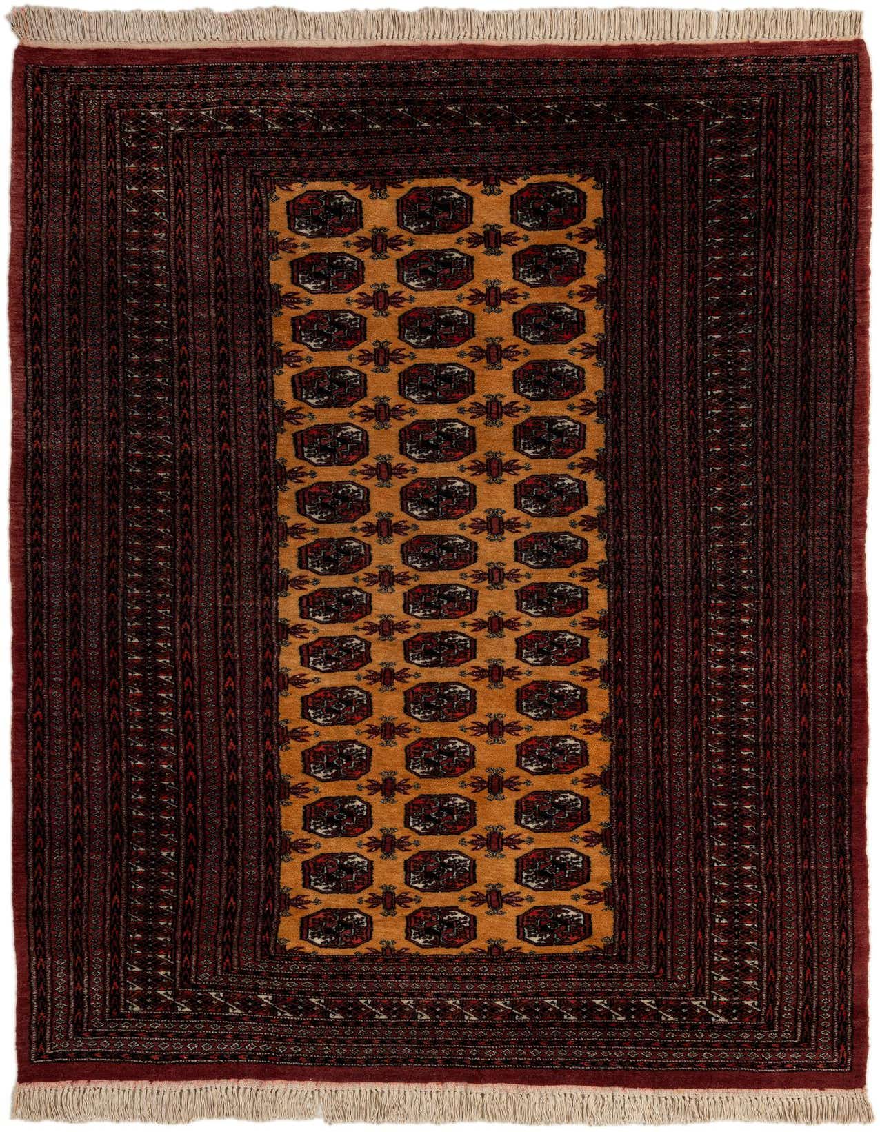 A rectangular 5x8 Torkaman rug featuring a central tan field with traditional geometric motifs, bordered by rich brown and red patterns, with ivory fringe.