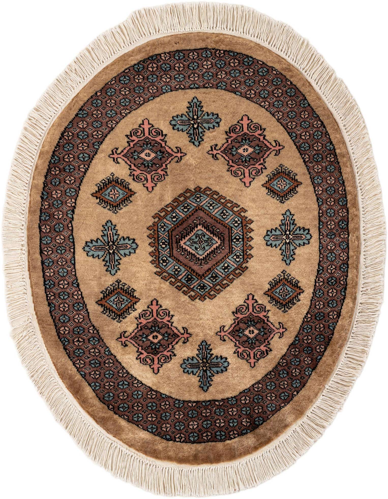 A round 3' 2 x 3' 2 Bokhara rug featuring a traditional tribal pattern in browns, tans, and ivories with fringe.
