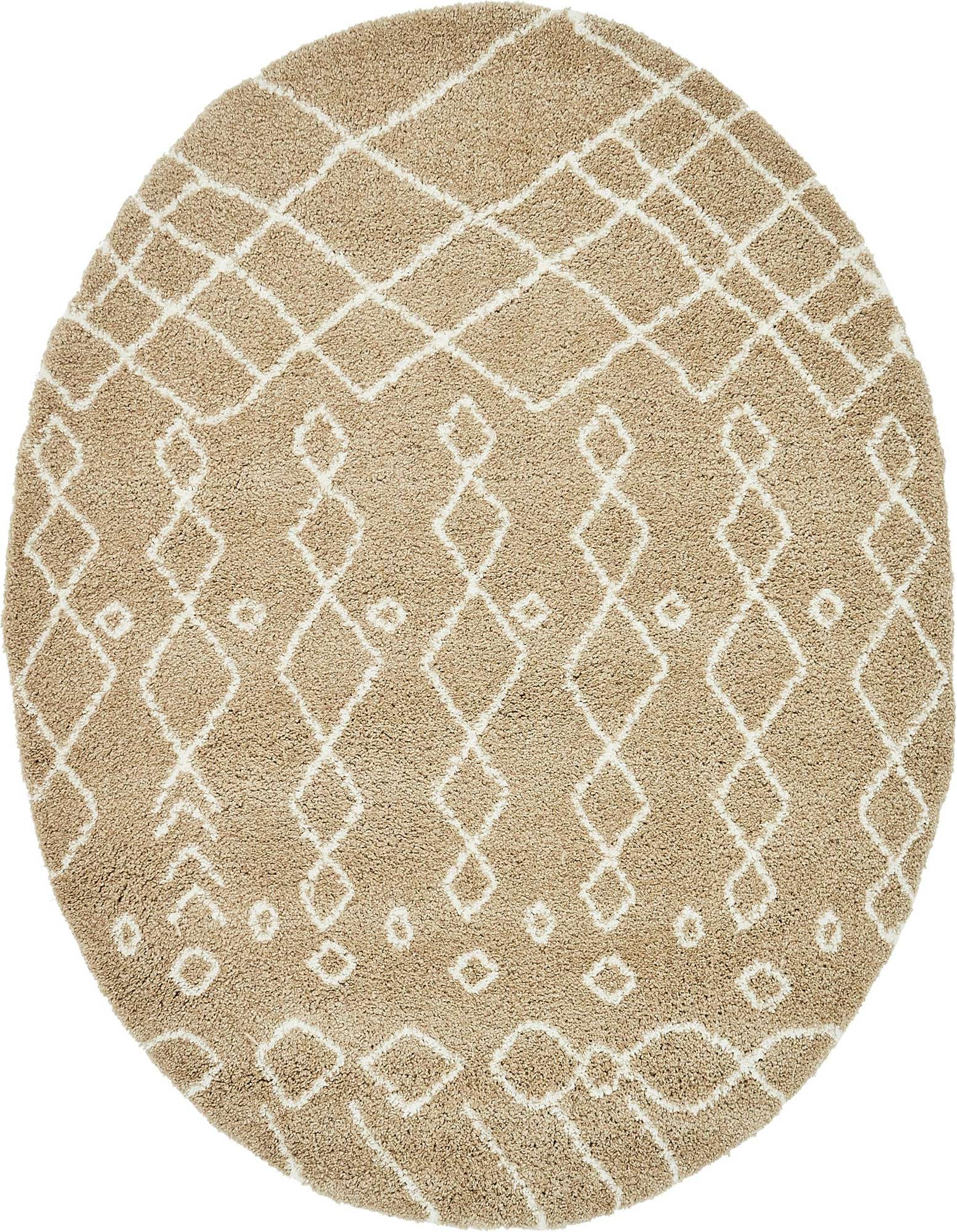 A round, shag area rug featuring a beige background with a white Scandinavian tribal pattern of diamonds and trellises.