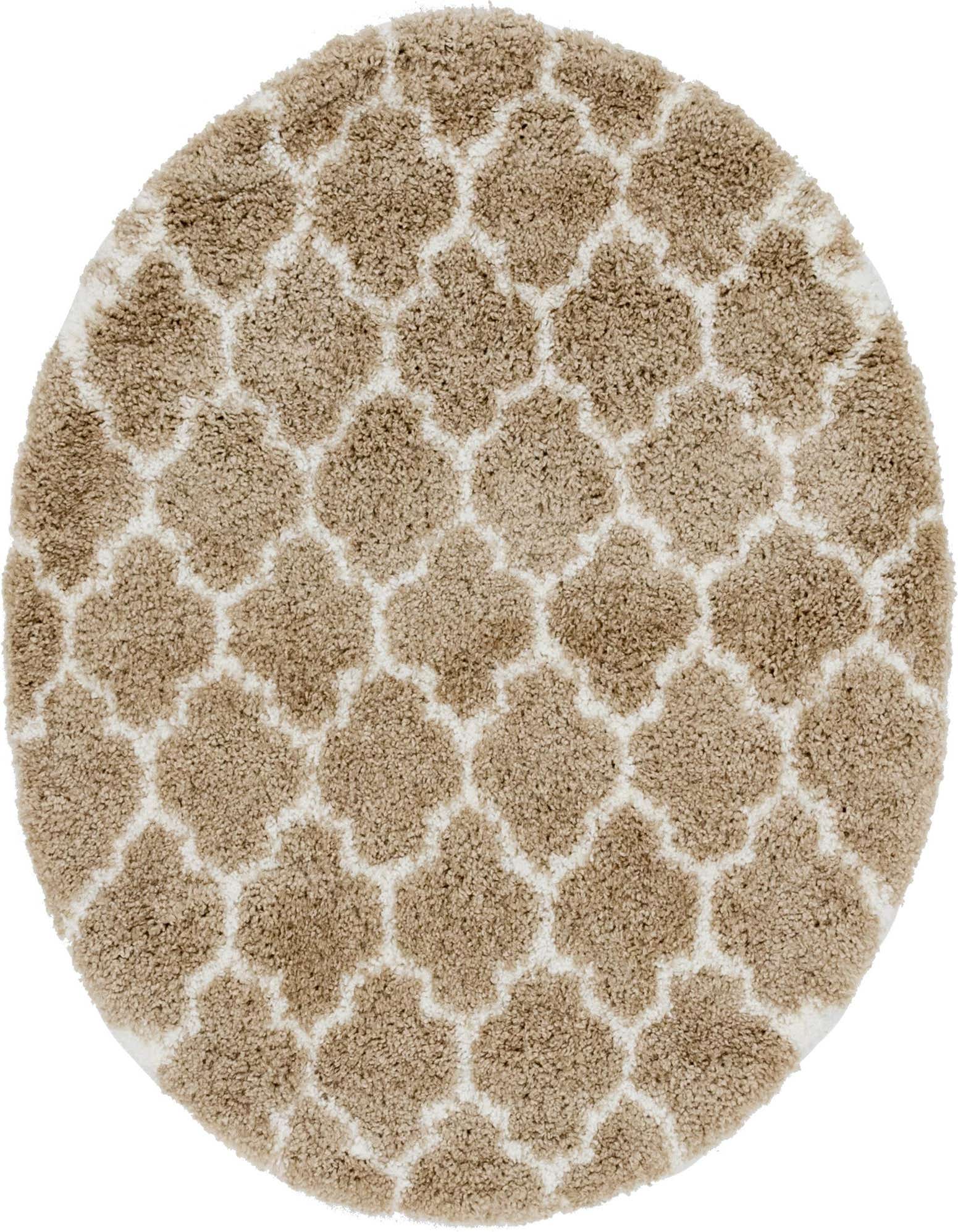 A round 5' 0 x 5' 0 brown shag rug with an ivory trellis pattern, showcasing its plush texture.