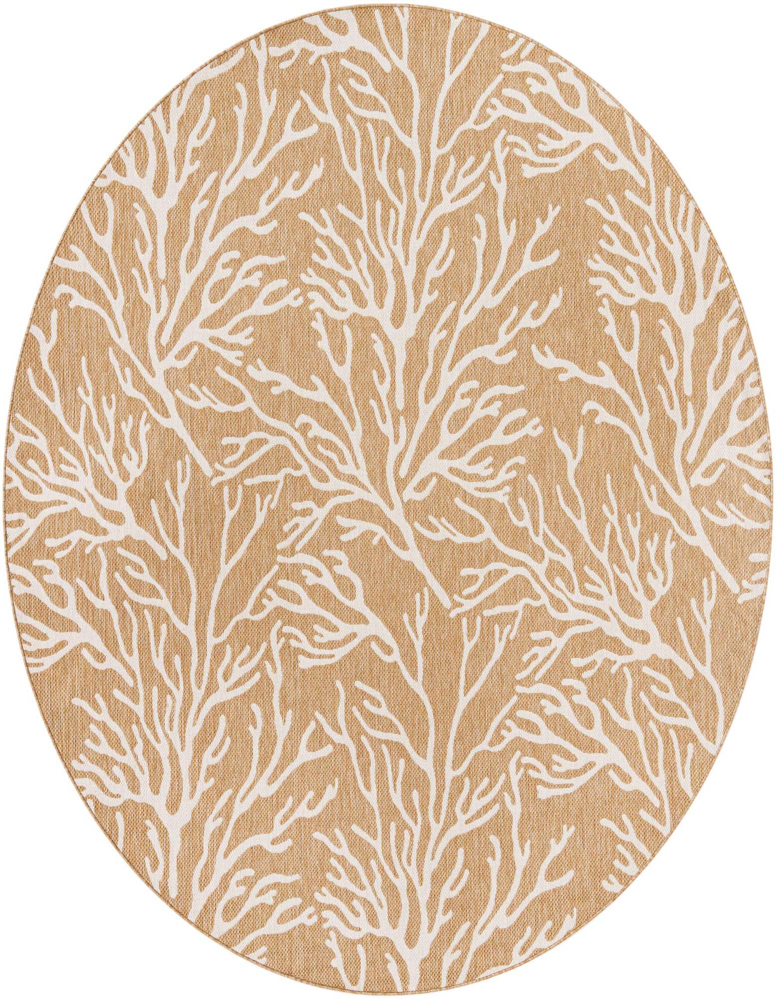 A 10-foot round tan and ivory outdoor rug with a modern coastal coral branch pattern, perfect for a patio.