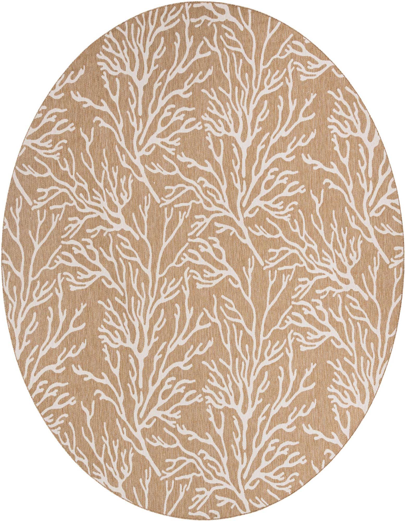 A 12-foot round indoor/outdoor rug with a tan background and an all-over white coral branch pattern.