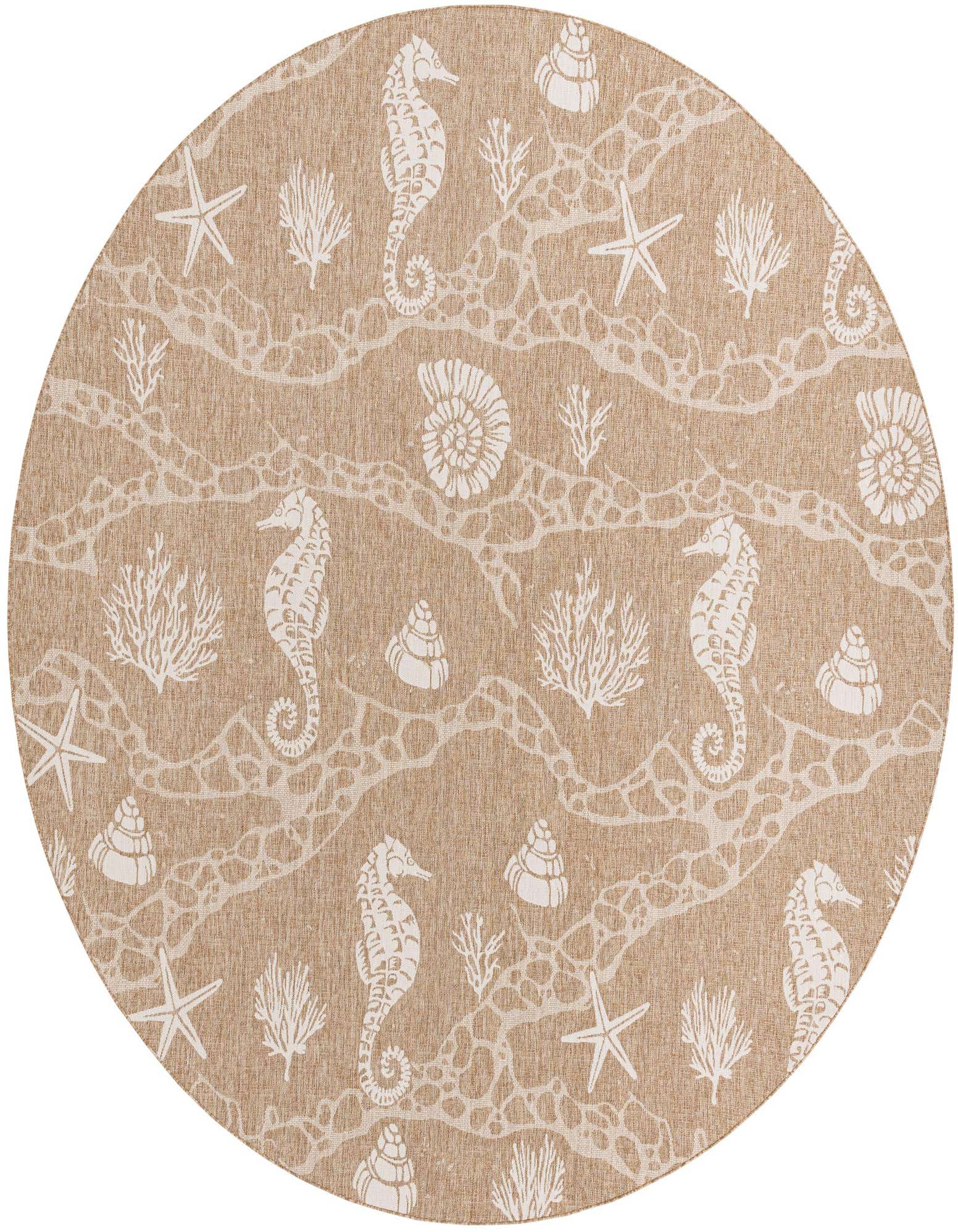 A round, flatweave rug in shades of brown and ivory, featuring a modern coastal pattern of seahorses, starfish, seashells, and coral.