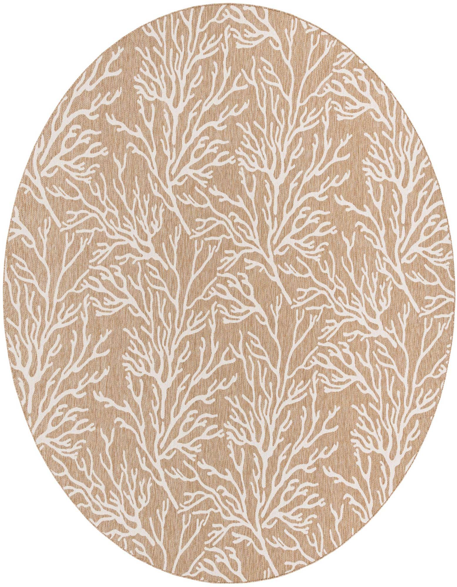 Round brown and ivory rug with a modern coral reef pattern, suitable for indoor or outdoor use on a patio.