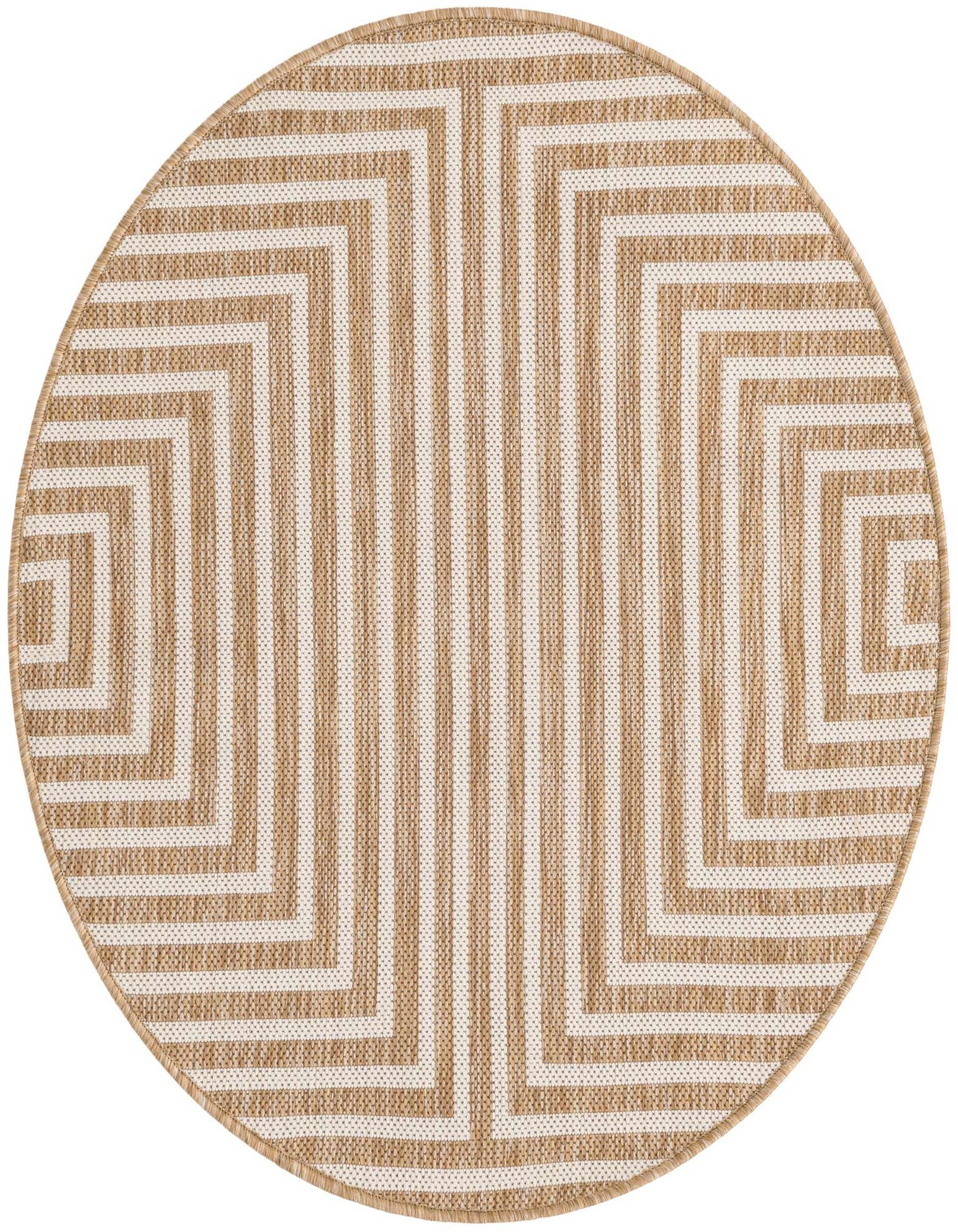 A round 3' 0 x 3' 0 brown and ivory flatweave rug with a modern abstract geometric pattern.