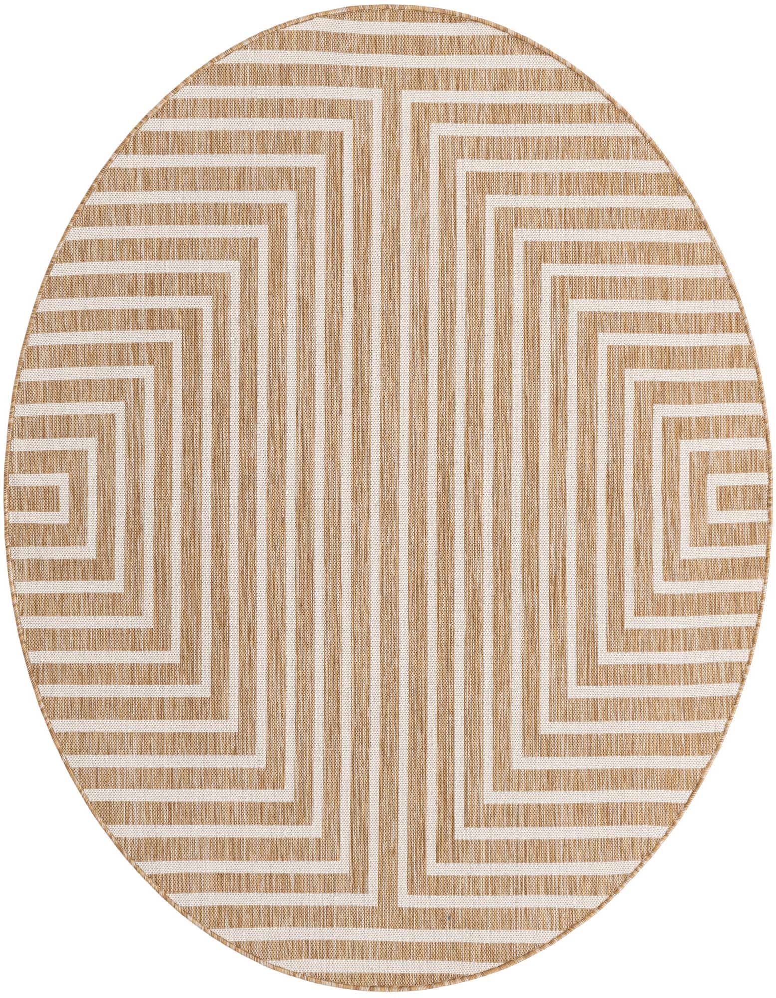 A 6' round brown and ivory modern abstract rug with a geometric striped pattern, suitable for indoor or outdoor use.