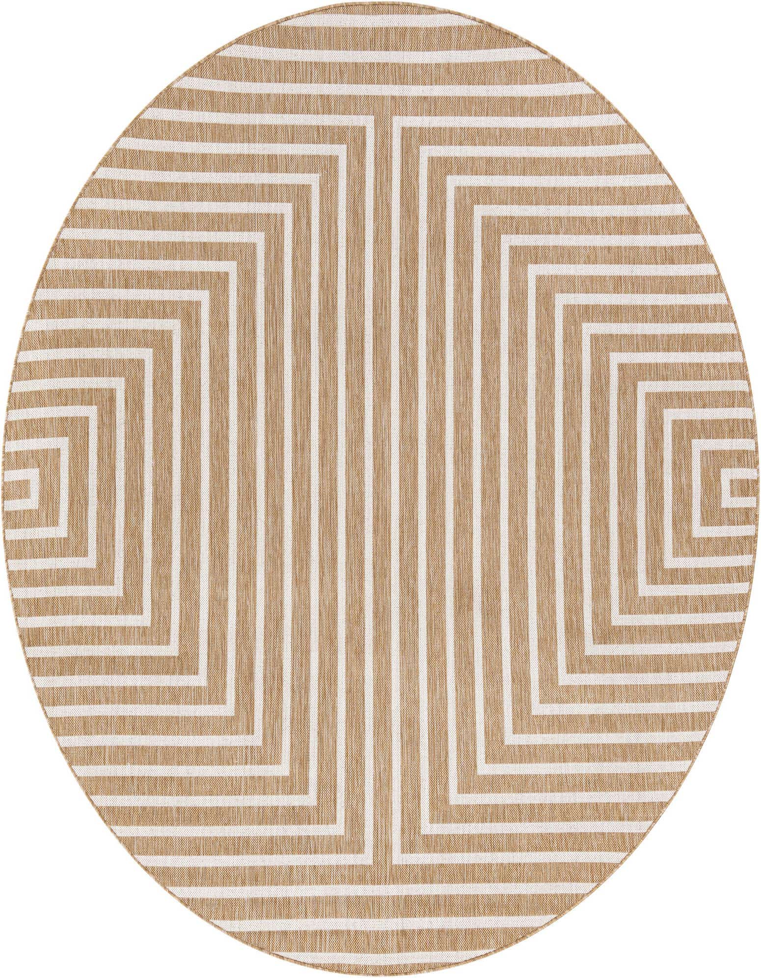 A round brown and ivory outdoor rug with a modern geometric abstract pattern of concentric squares and lines.