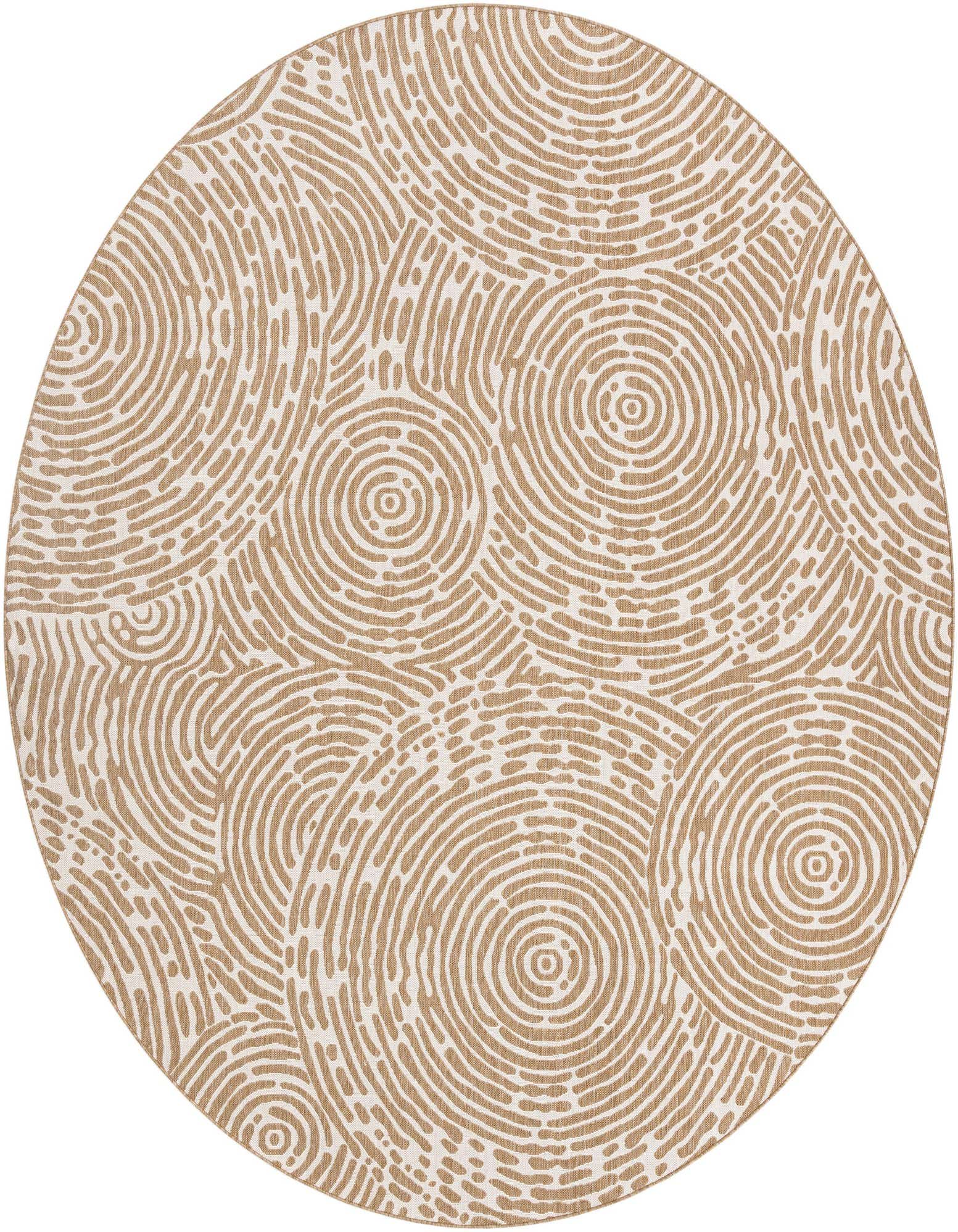 A 12' round indoor/outdoor rug featuring an abstract pattern of concentric circles and wavy lines in tan and ivory.