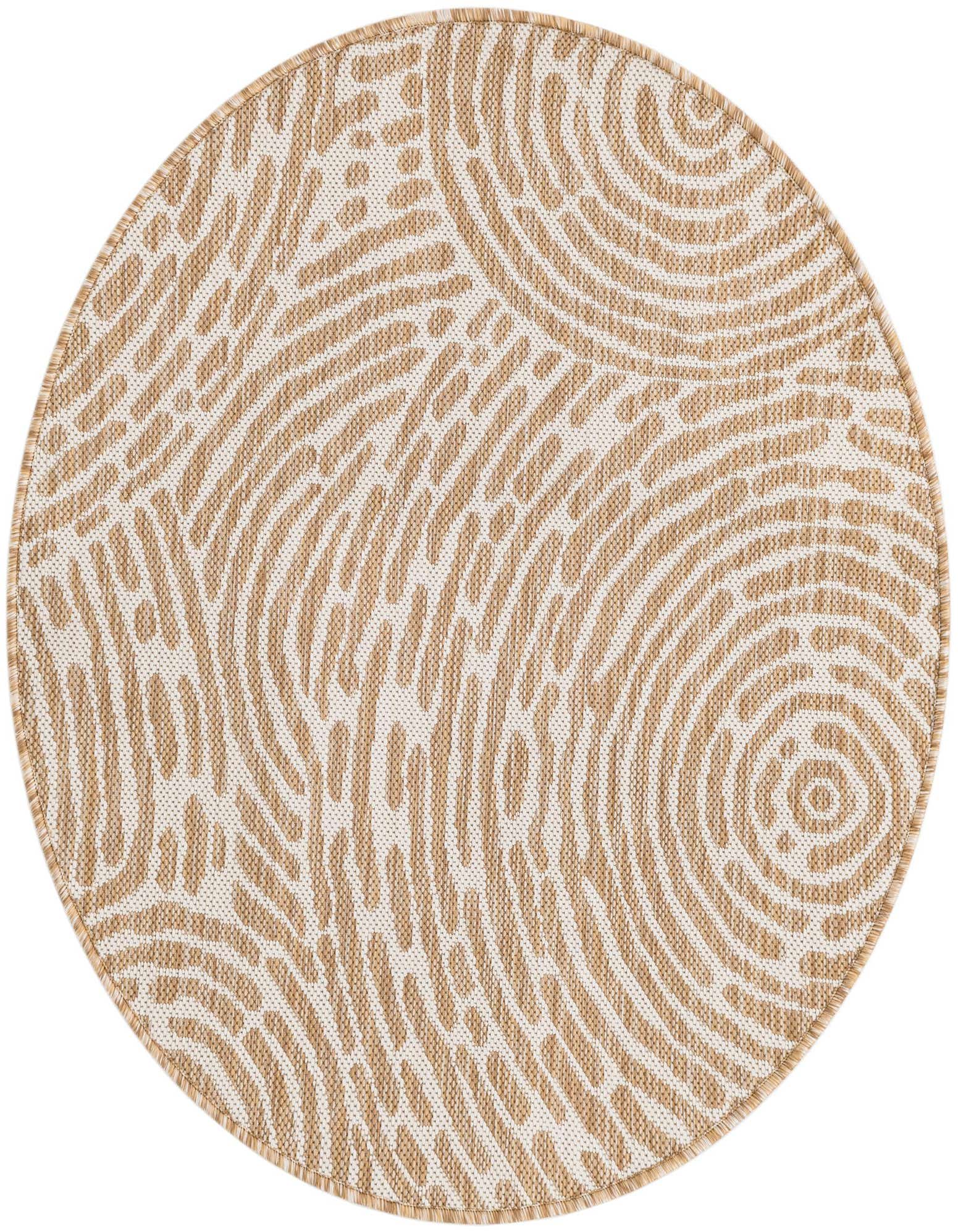 A 3' round brown and ivory modern abstract rug with a textured flatweave, suitable for indoor or outdoor use.