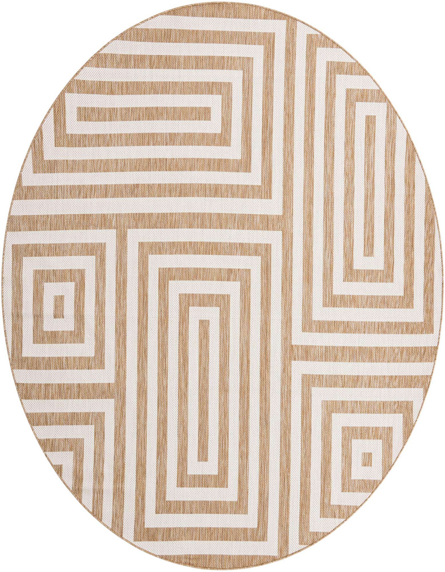 A 10-foot round indoor/outdoor rug featuring a modern abstract pattern of interlocking tan and ivory geometric lines.
