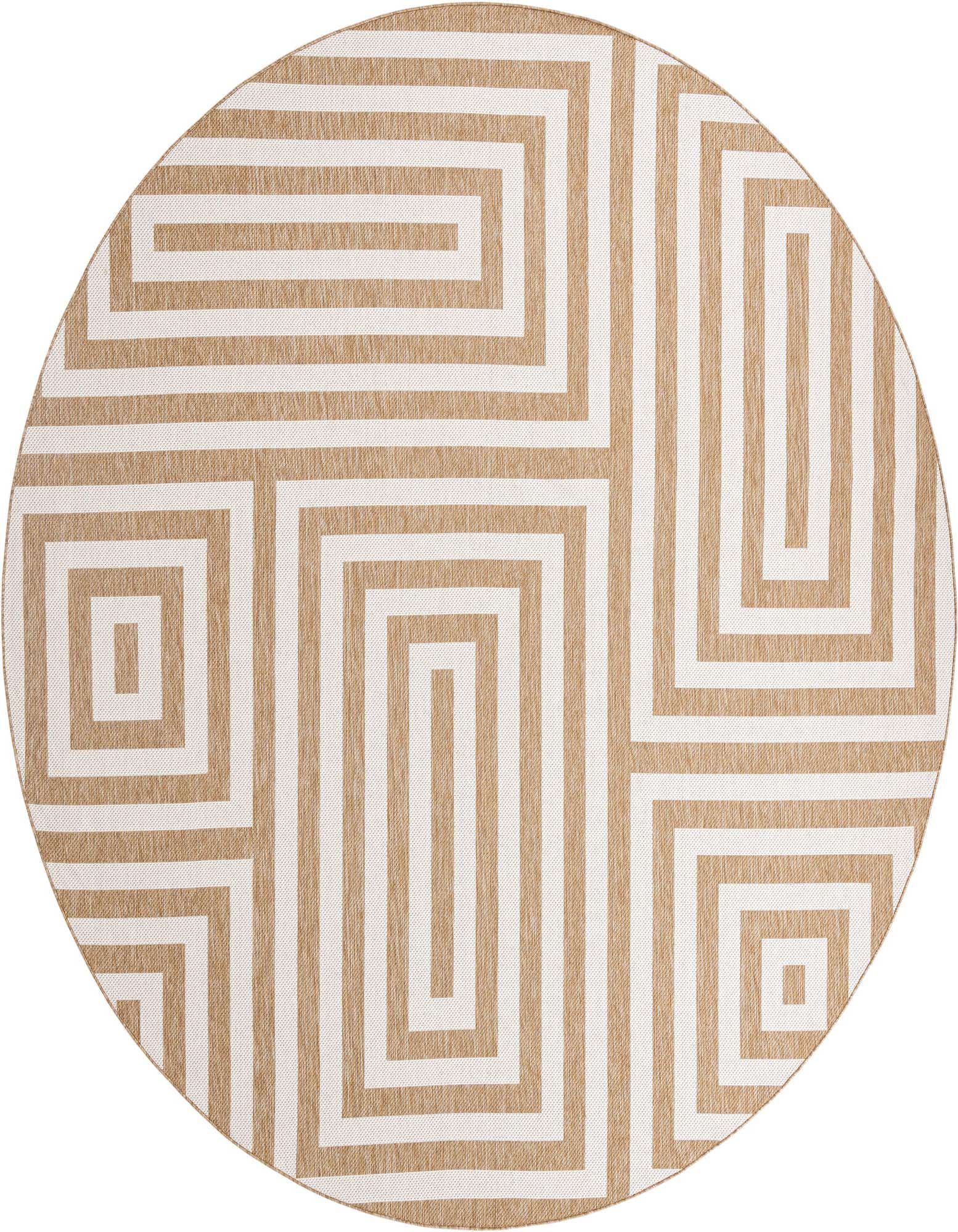A 12' round brown and ivory modern abstract rug with a geometric labyrinth pattern, suitable for indoor or outdoor use.