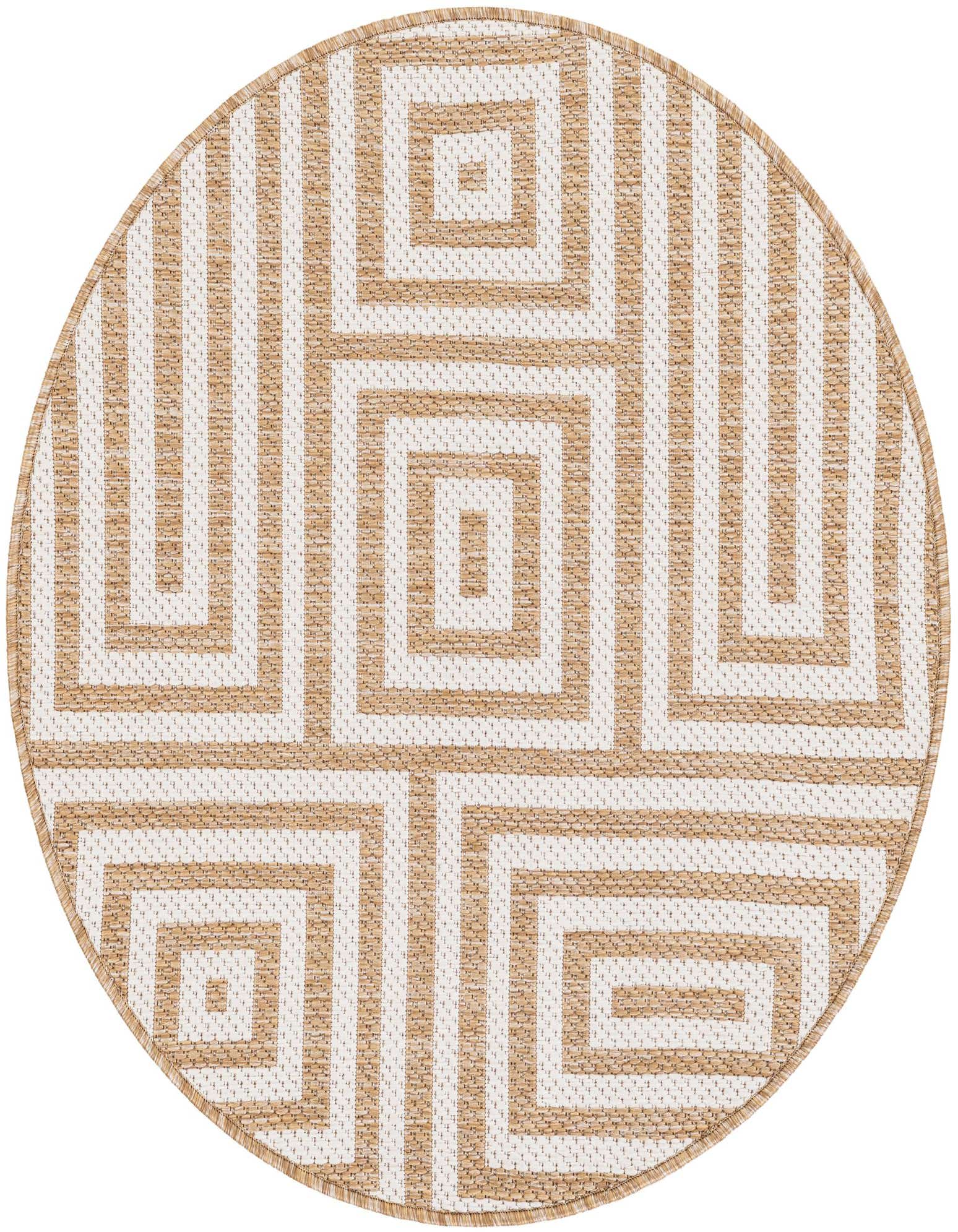 A 3' round brown and ivory flatweave rug with a modern geometric interlocking square pattern, suitable for indoor or outdoor use.