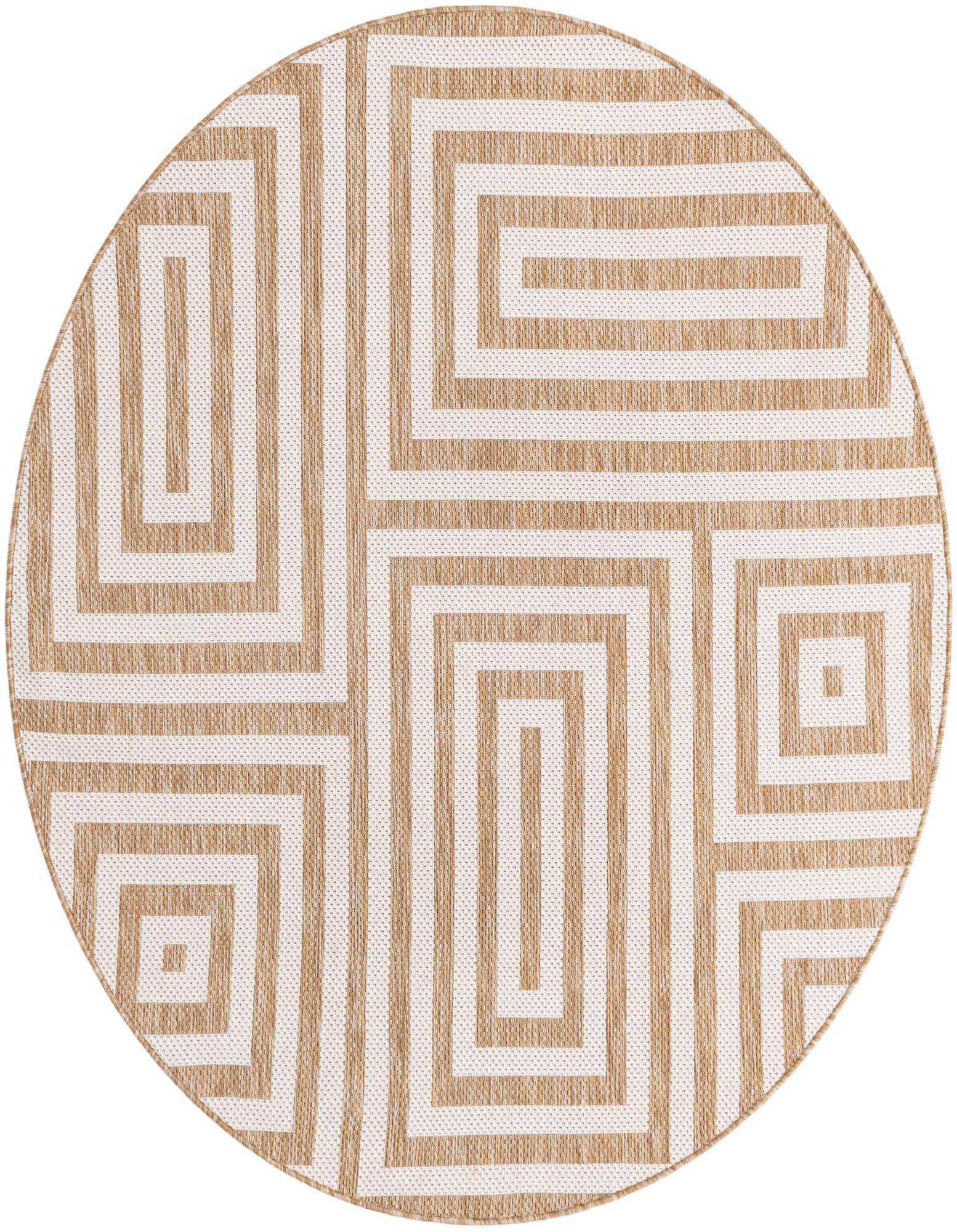 A round 6' brown and ivory modern abstract rug with a geometric maze pattern, suitable for indoor or outdoor use.