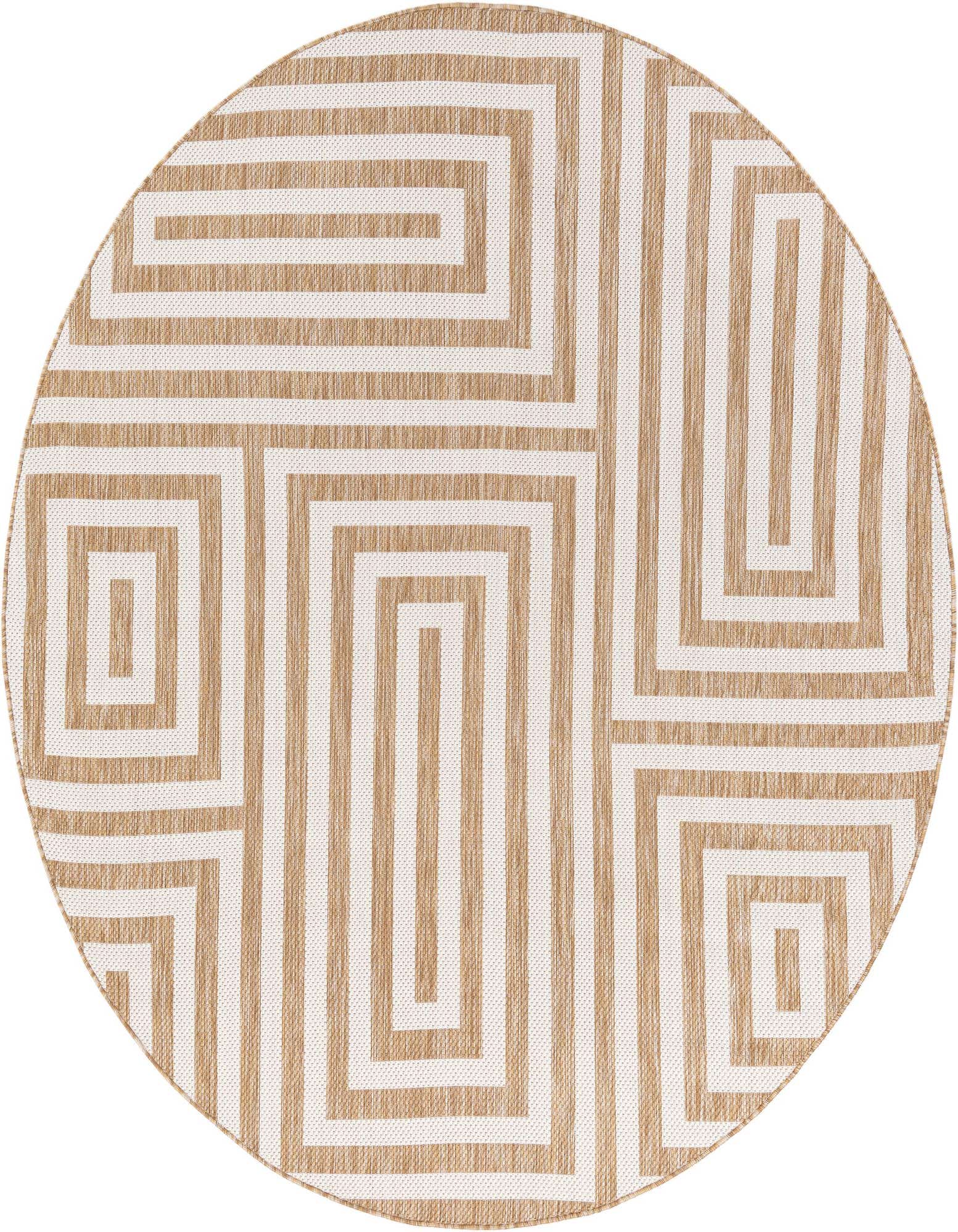 A round 7'10" brown and ivory modern abstract outdoor rug with a geometric maze pattern.