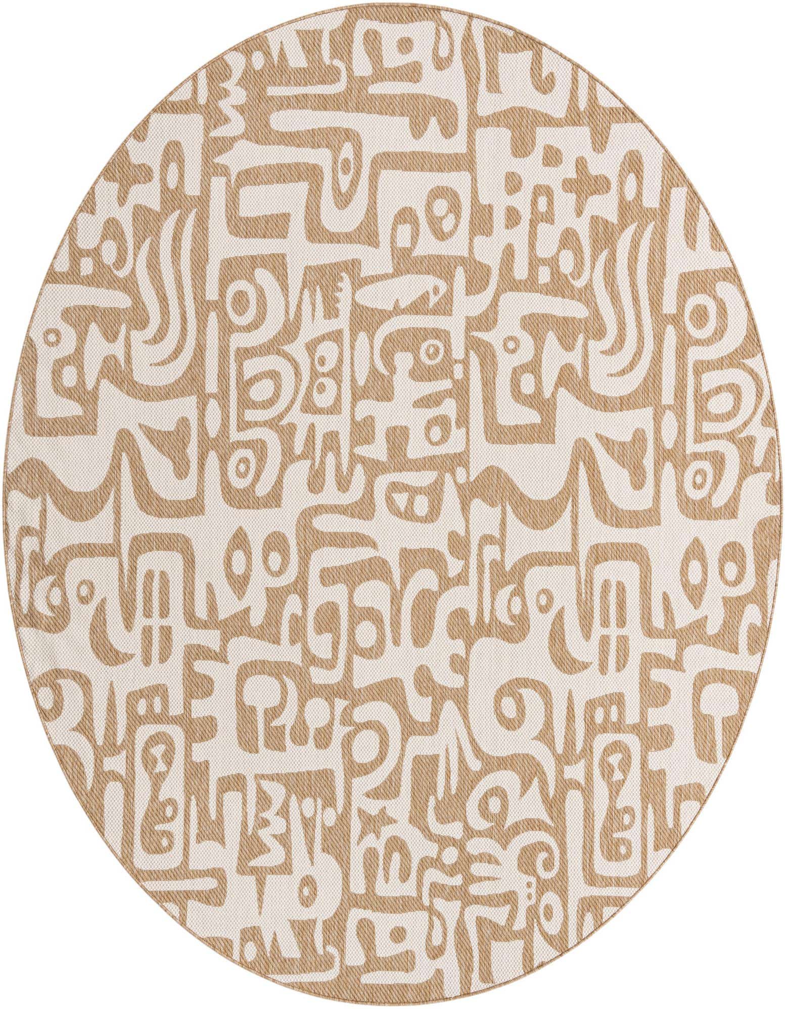 A 10-foot round brown and ivory modern abstract rug with a flatweave texture, suitable for indoor or outdoor use.