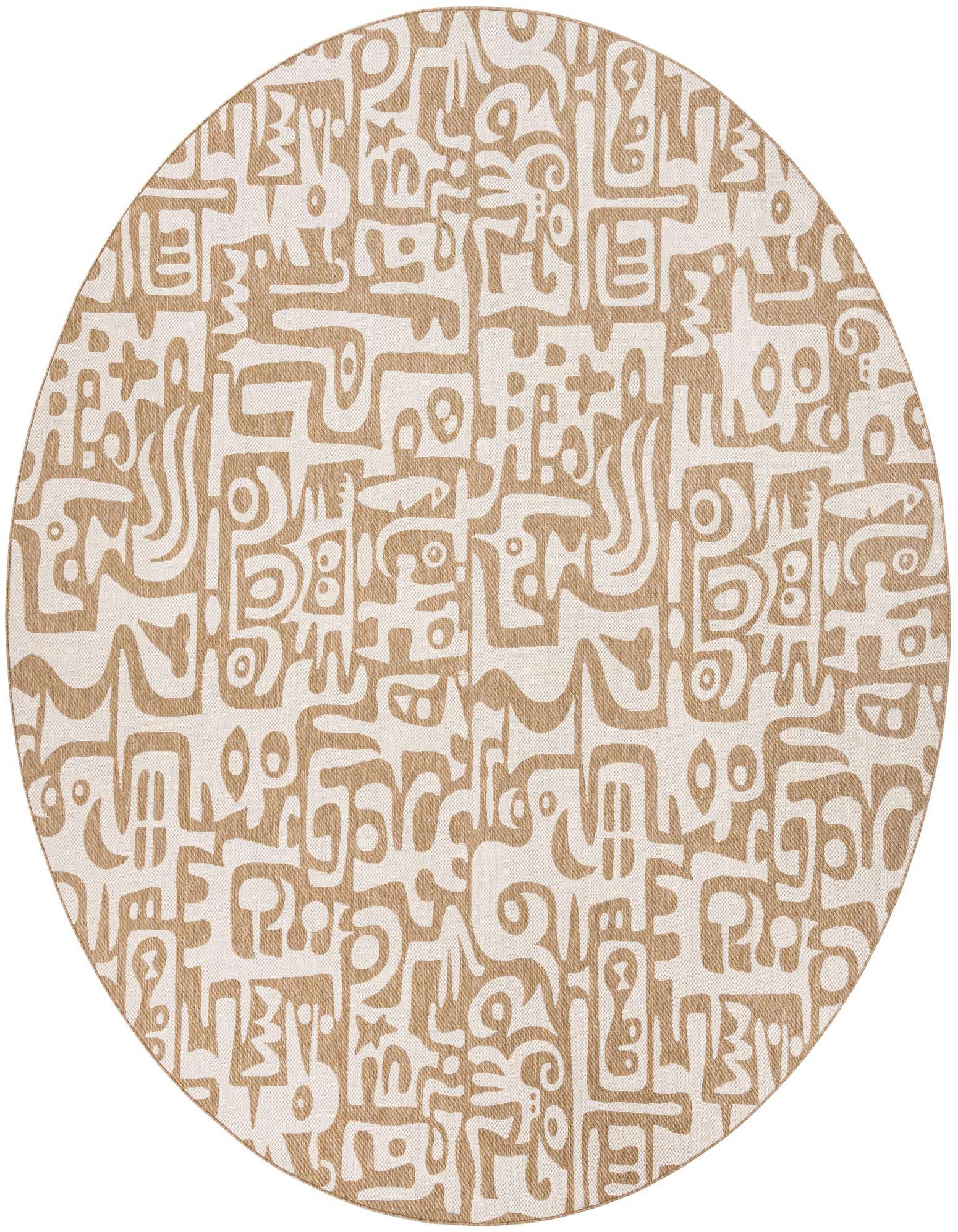 A 12-foot round indoor/outdoor rug featuring a modern abstract pattern in tan and cream, ideal for a patio.