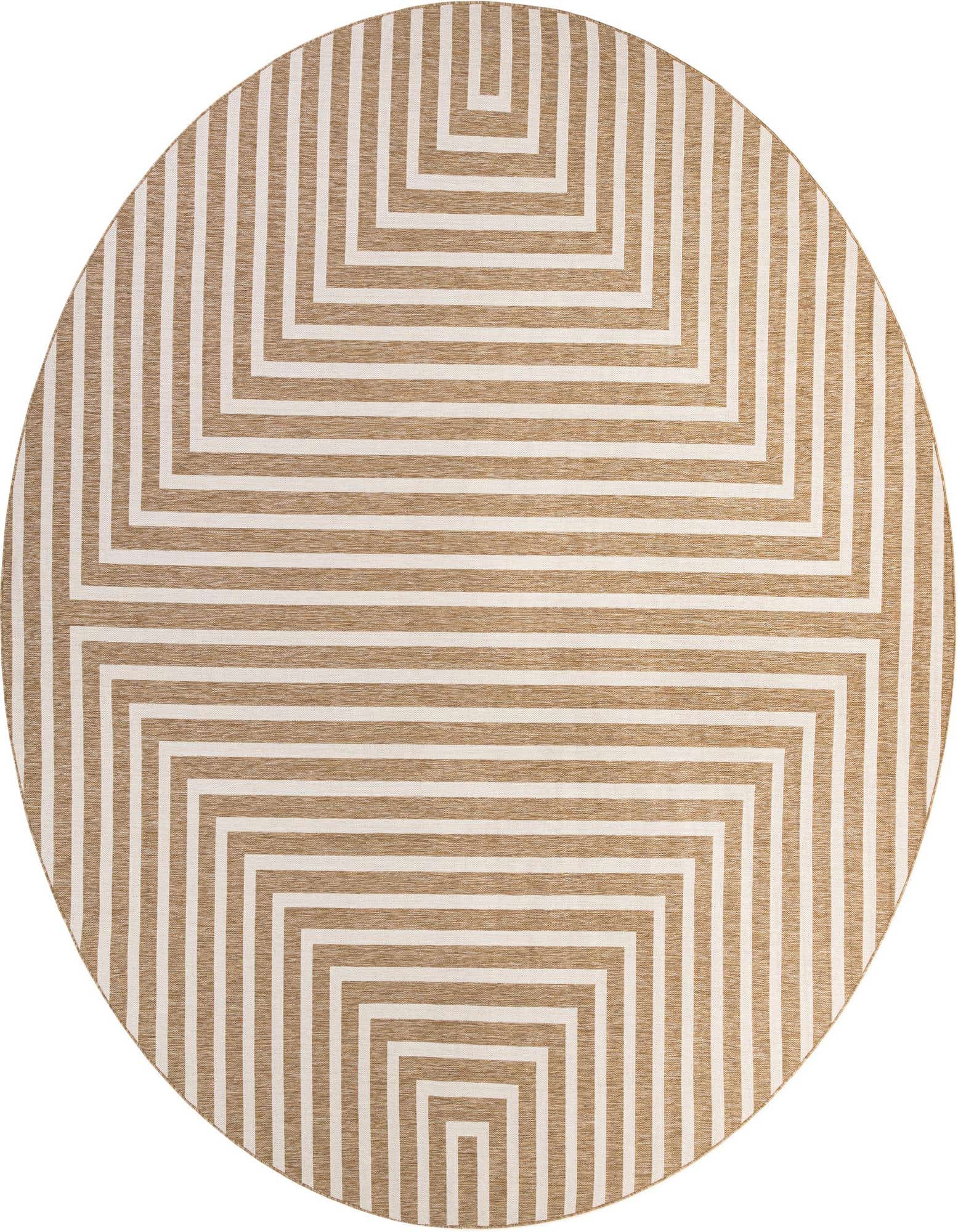 A large round brown and ivory modern rug with a concentric square pattern, suitable for indoor or outdoor use.