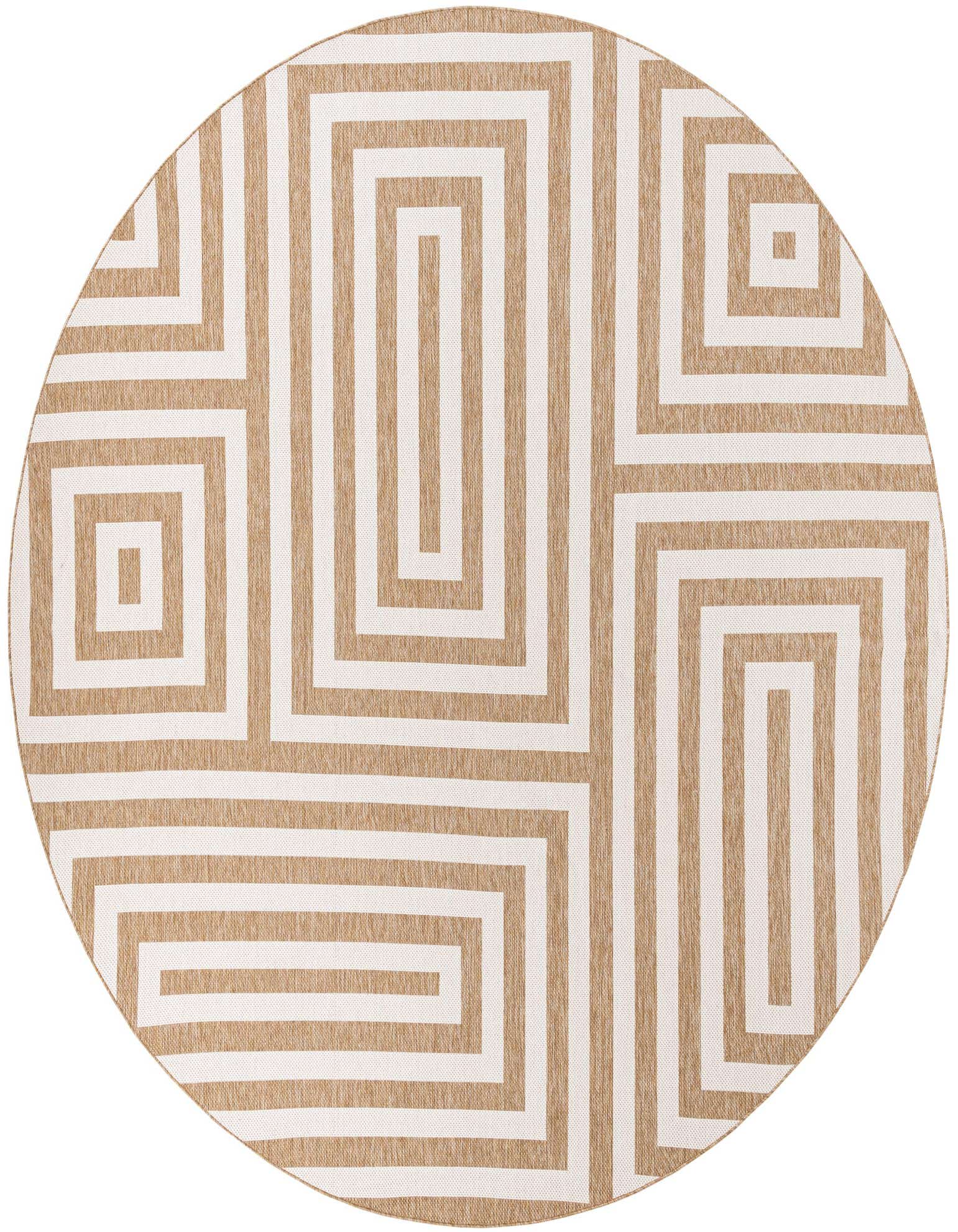A 13' round brown and ivory modern outdoor rug with a bold geometric maze pattern, suitable for a patio.