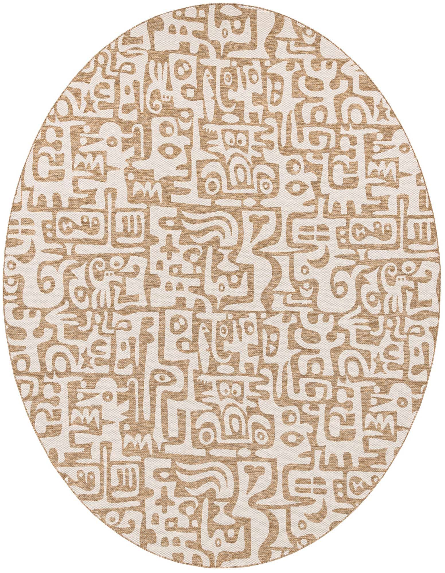A round, flatweave Rugs.com Outdoor Modern rug, 13' 0 x 13' 0, featuring a modern abstract pattern in brown and ivory tones.