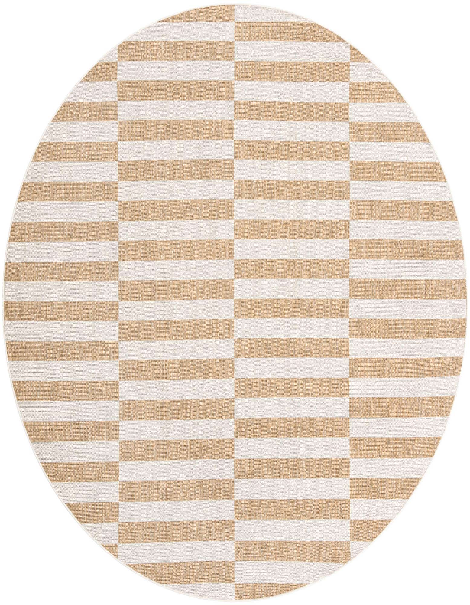 A 10-foot round outdoor rug with a contemporary striped pattern in alternating tan and ivory blocks, perfect for a patio.