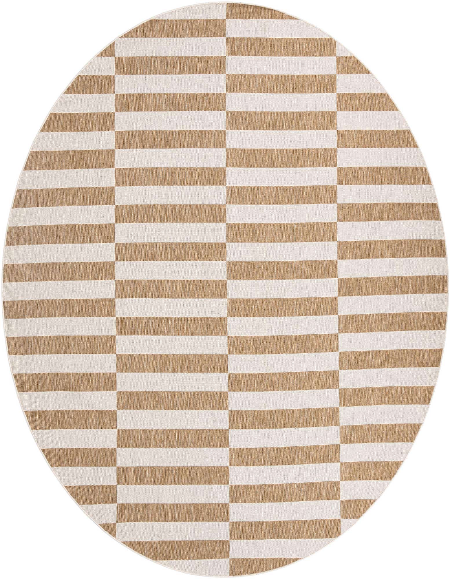 A 12-foot round outdoor rug featuring a contemporary stripe pattern in alternating tan and cream horizontal blocks.