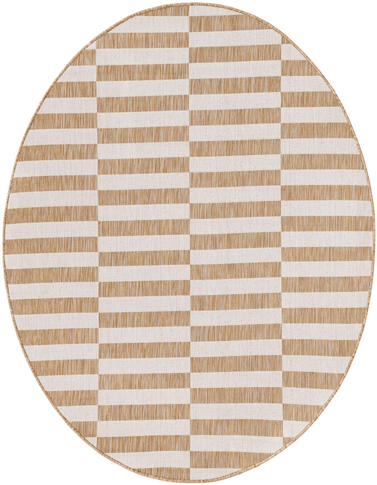 A round 6' brown and ivory modern striped flatweave rug, perfect for indoor or outdoor spaces.