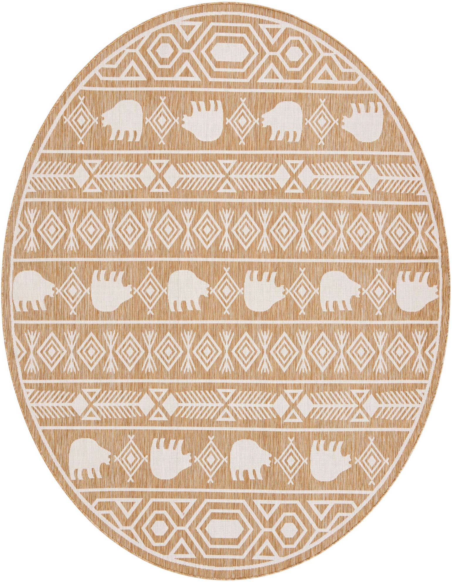 A 10' round brown and ivory outdoor rug with a Southwestern tribal pattern featuring bear silhouettes and geometric designs.