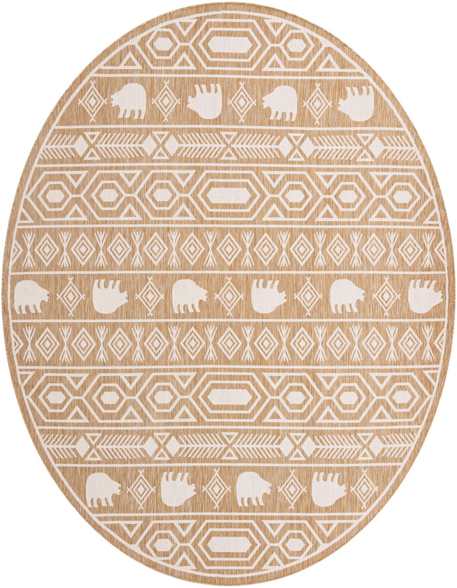 A 12' round brown and ivory Southwestern rug with tribal patterns and bear silhouettes, suitable for indoor or outdoor use.