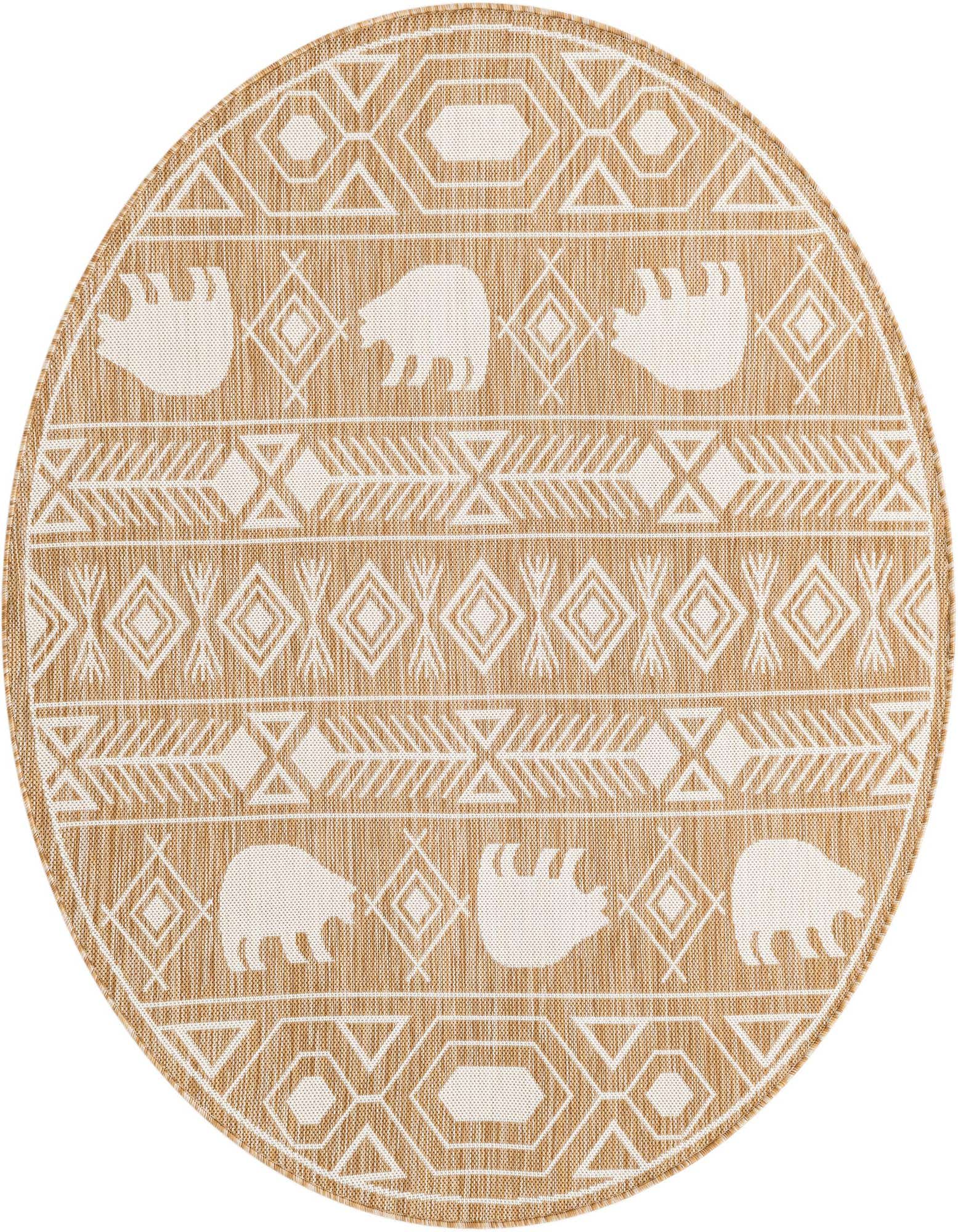 Round brown and ivory flatweave rug with a Southwestern tribal pattern featuring bears and geometric shapes.