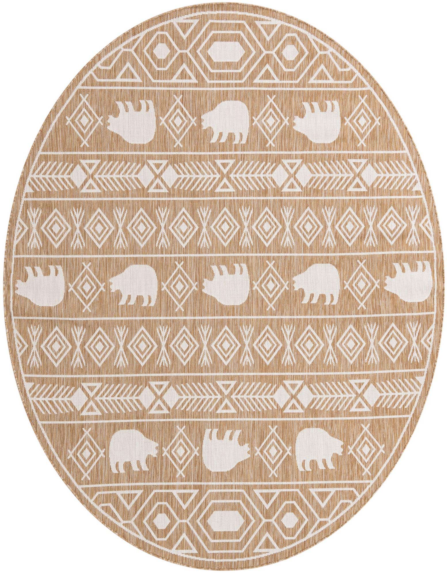 A round, flatweave outdoor rug featuring a Southwestern tribal pattern with bear silhouettes in tan and ivory.