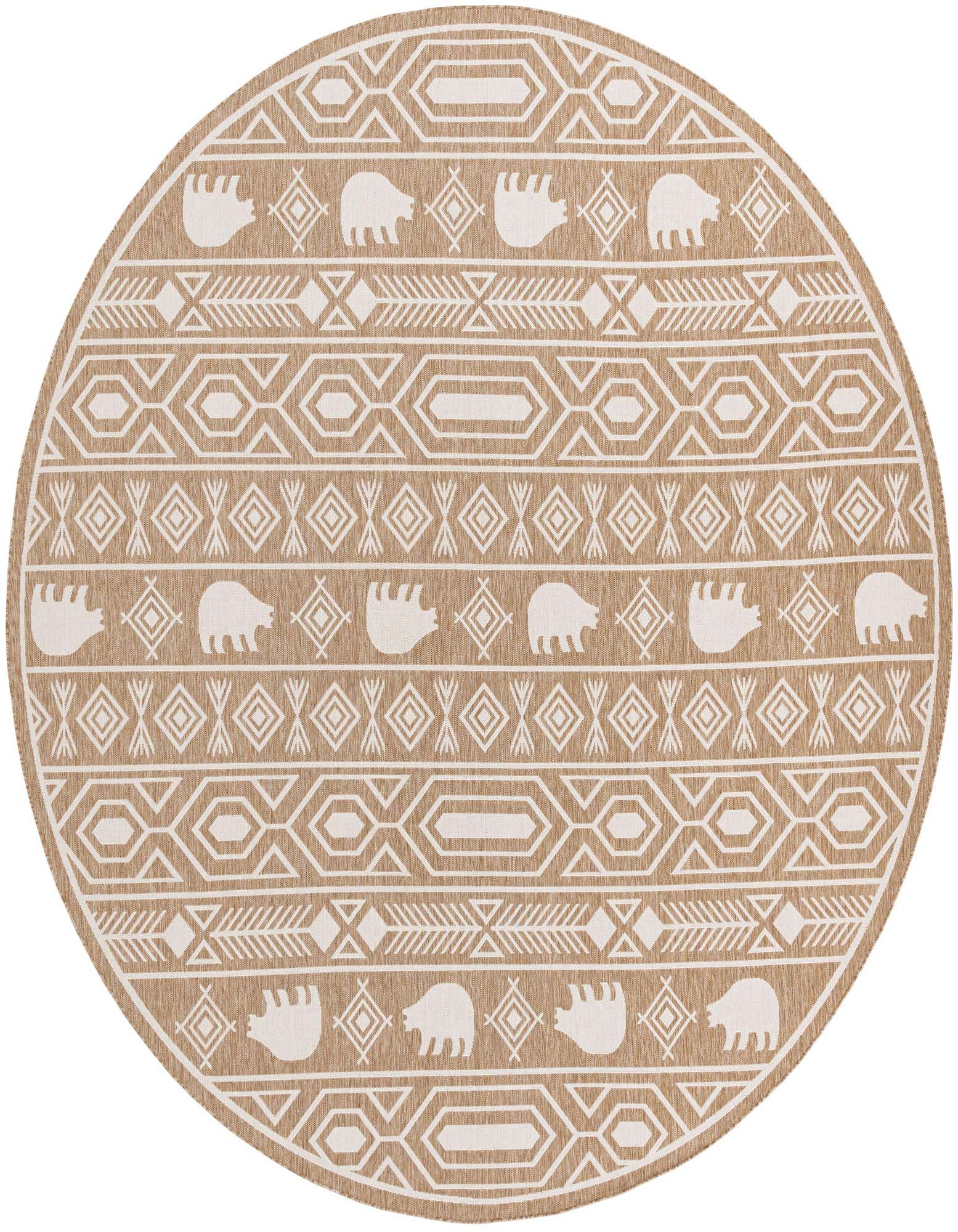A round 13' brown and ivory outdoor rug with a modern Southwestern pattern featuring geometric shapes and bear silhouettes.