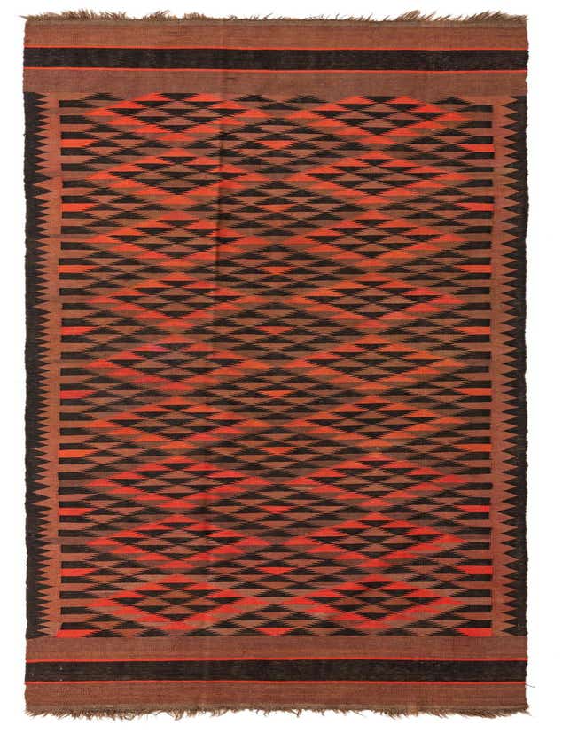 A 15 ft Kilim Fars runner rug with a tribal geometric pattern in browns, tans, and ivories.