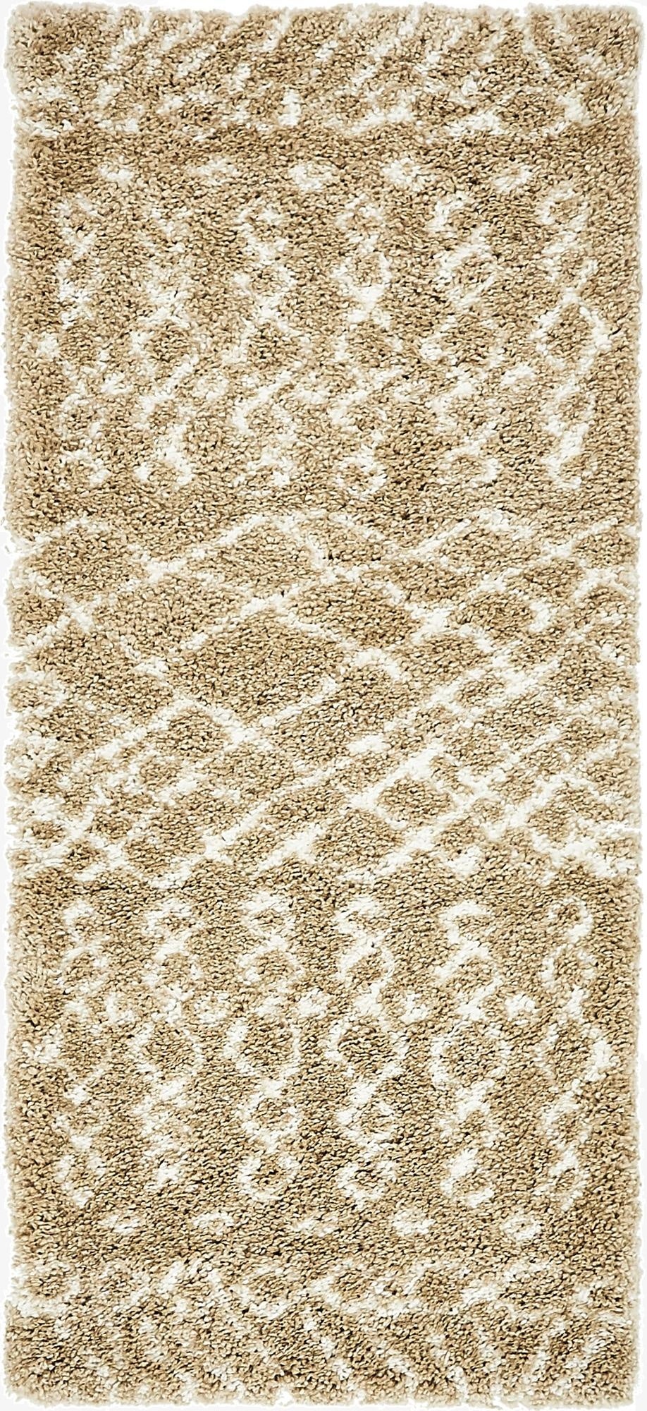 A 6 ft runner rug with a soft shag pile, featuring a modern tribal trellis pattern in varying shades of brown and ivory.