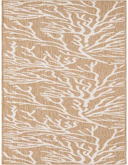 A 12 ft runner rug with a modern coastal coral pattern in tan and ivory, suitable for a hallway or patio.