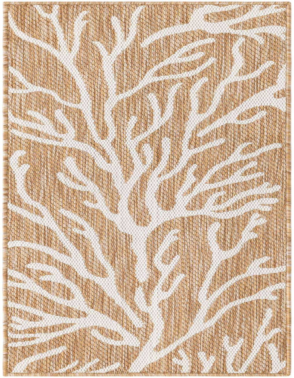 A 4 ft runner rug featuring a modern coastal coral pattern in brown and ivory tones, suitable for hallways or patios.