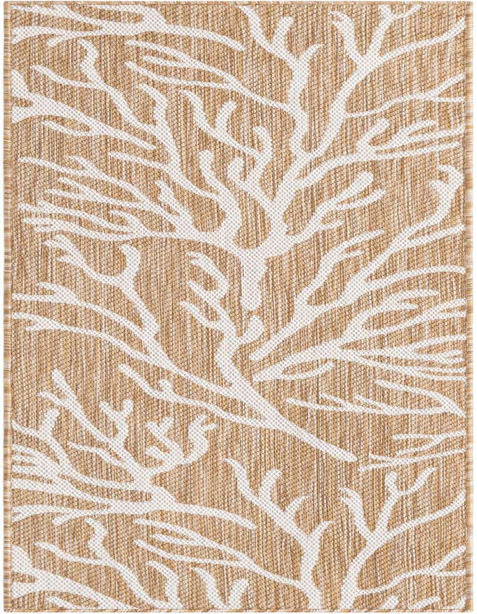 A 6 ft runner rug featuring a modern coastal coral pattern in tan and ivory, ideal for hallways or patios.