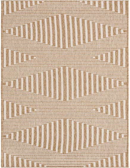 A 12 ft runner rug with a modern abstract pattern of interlocking brown and ivory stripes, ideal for a hallway or patio.